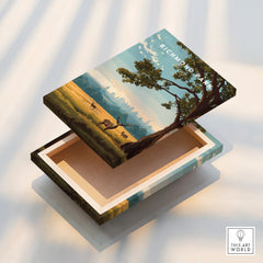 Richmond Park stretched canvas print with deer, tree, grassy landscape and city skyline detail.