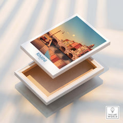 Rimini Italy Poster | Vintage Vespa & Historic Bridge Canvas Print showcased on a decorative box.
