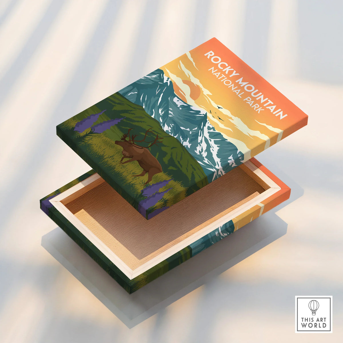 Rocky Mountain National Park canvas print with elk, mountains, and sunset illustration.