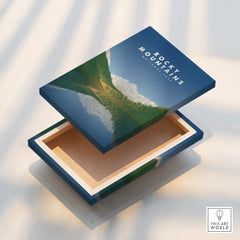 Rocky Mountains National Park stretched canvas print with landscape illustration, floating frame.