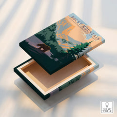 Rocky Mountain National Park art print on a decorative wooden box with bear and forest design