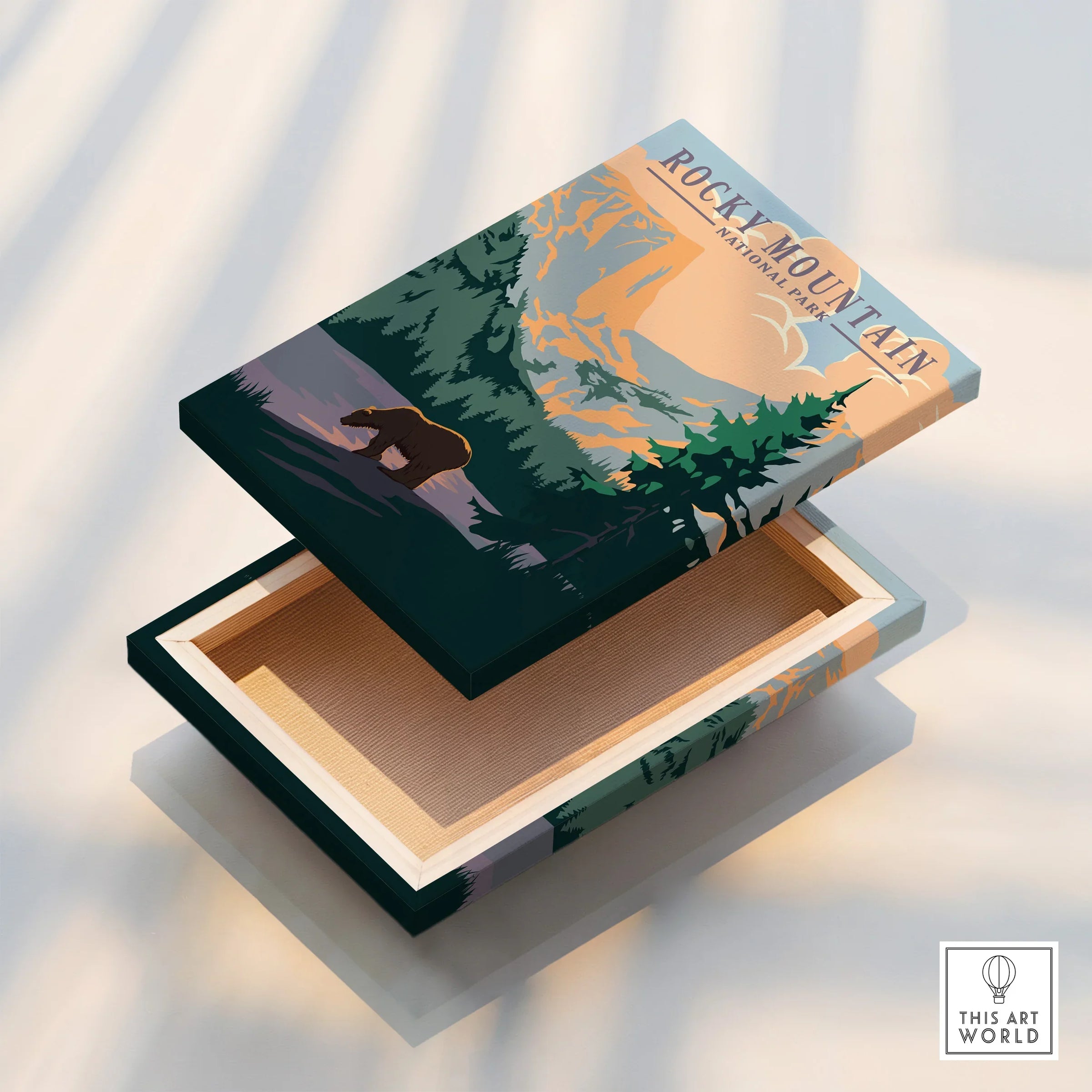 Rocky Mountain National Park art print on a decorative wooden box with bear and forest design