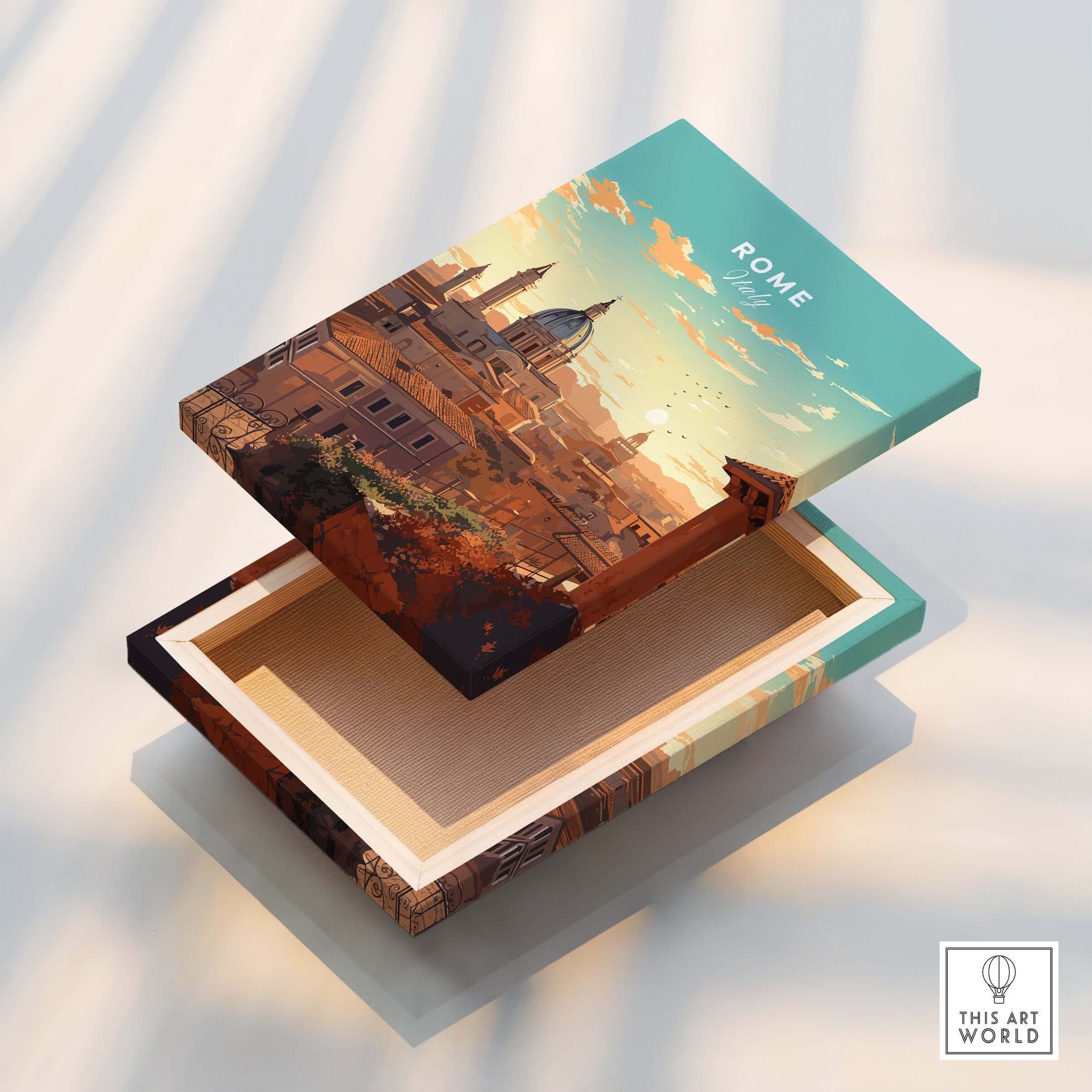 Rome Print box featuring a colorful illustration of the cityscape of Rome.