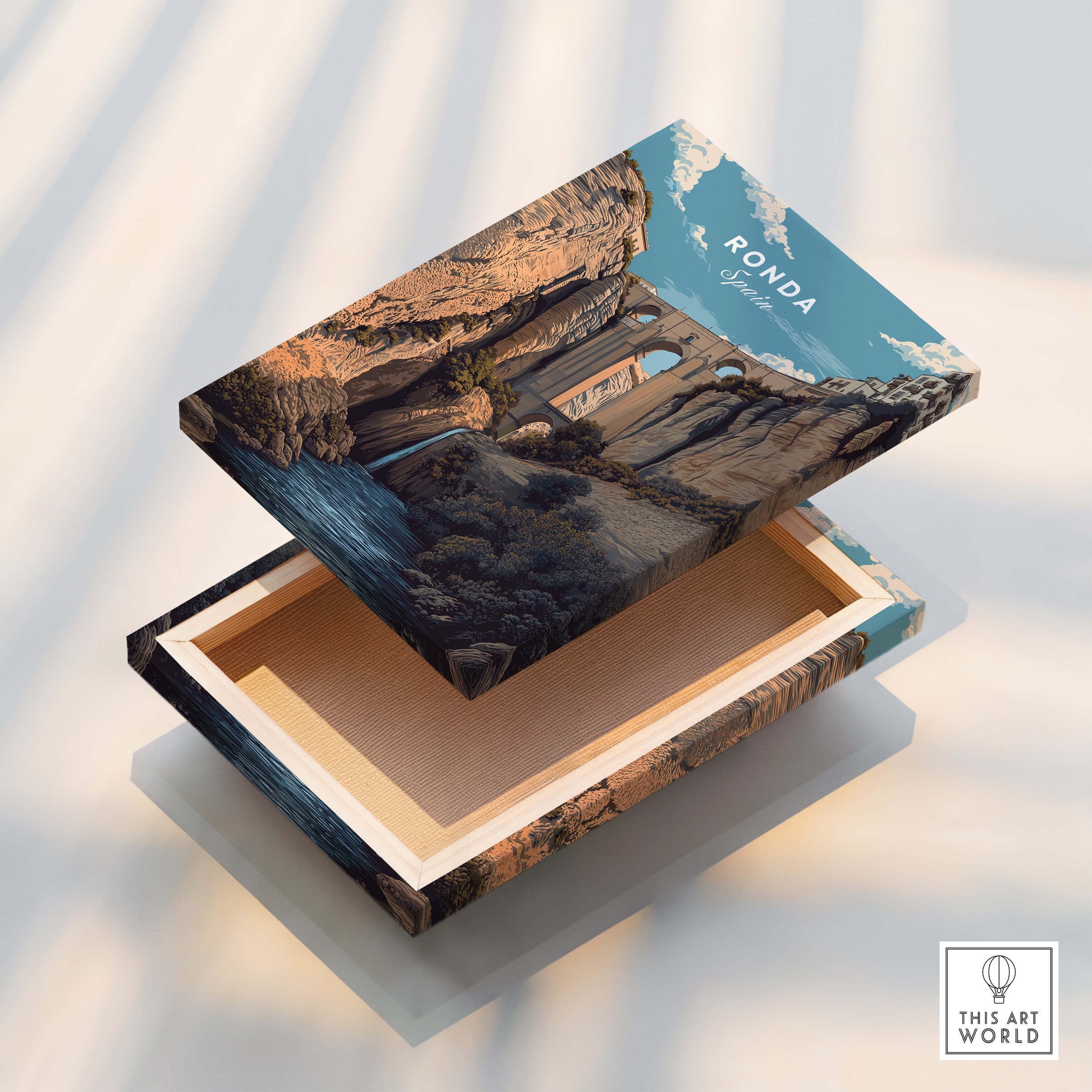 Ronda Spain Wall Art Print | Puente Nuevo Gorge Waterfall Travel Poster decorative box featuring stunning imagery of the gorge.