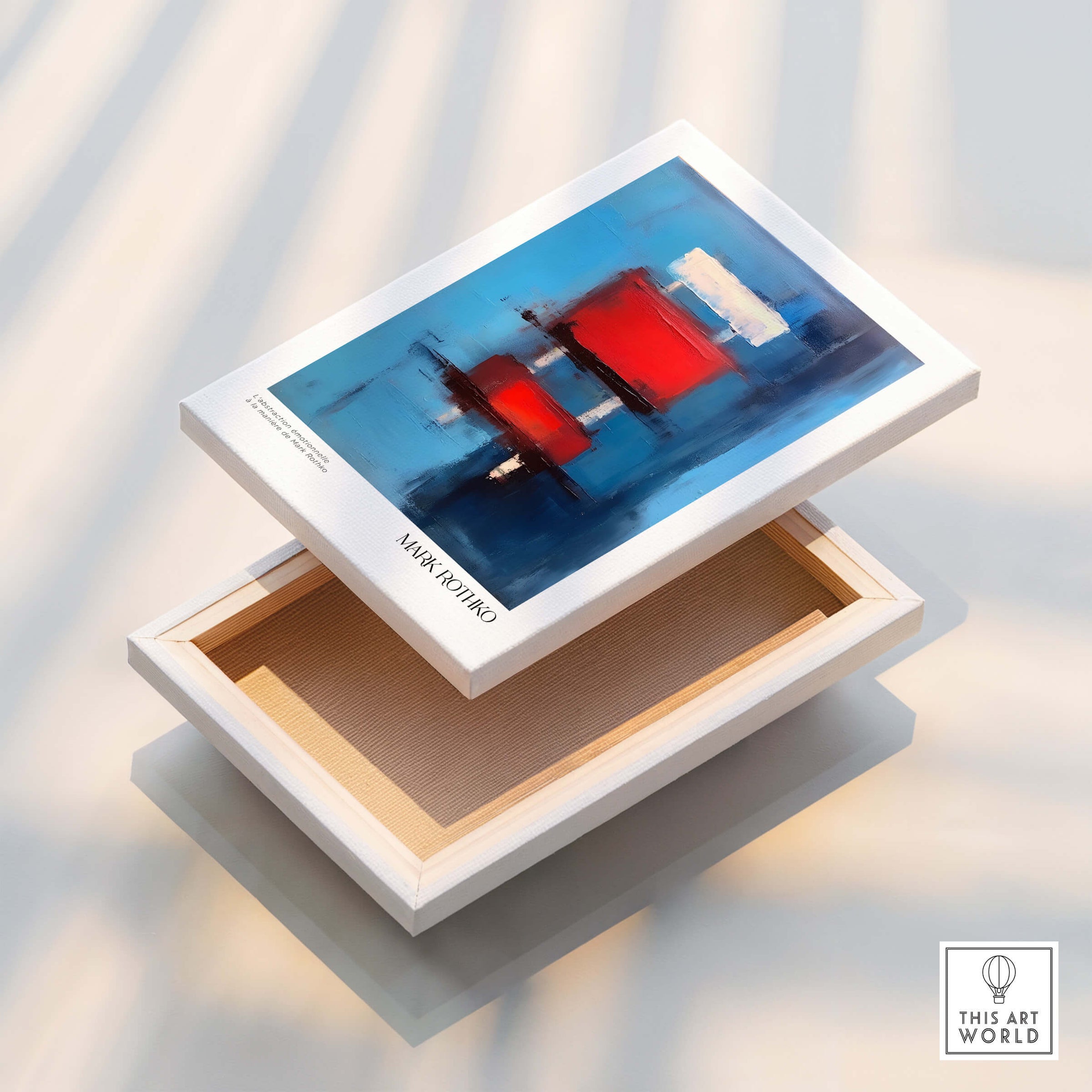 Rothko Inspired Abstract Red Blocks Art Print | Blue Background Wall Decor in wooden box.