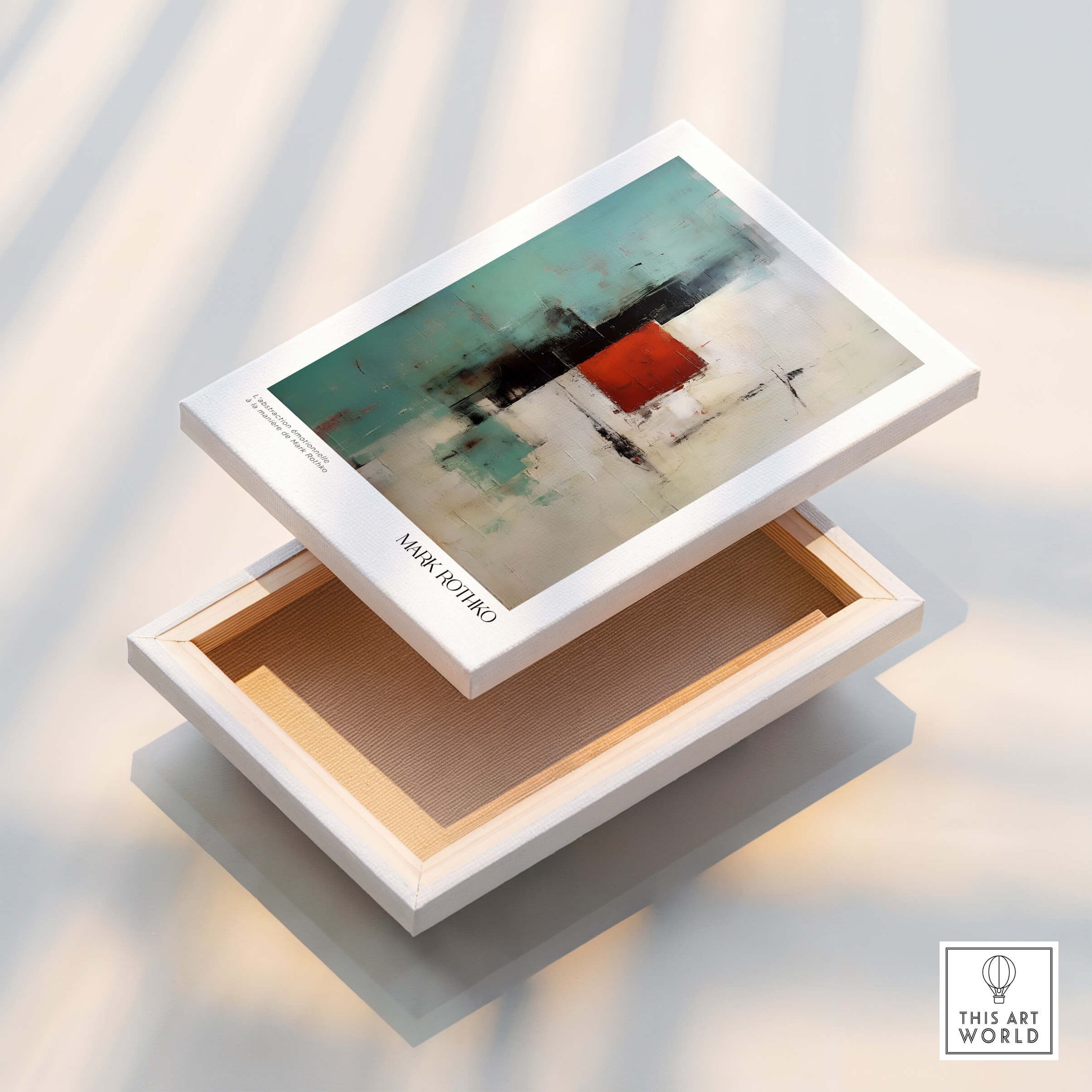 Rothko Inspired Abstract Red and Mint Art Print | Mid-Century Modern Wall Decor displayed on a box.