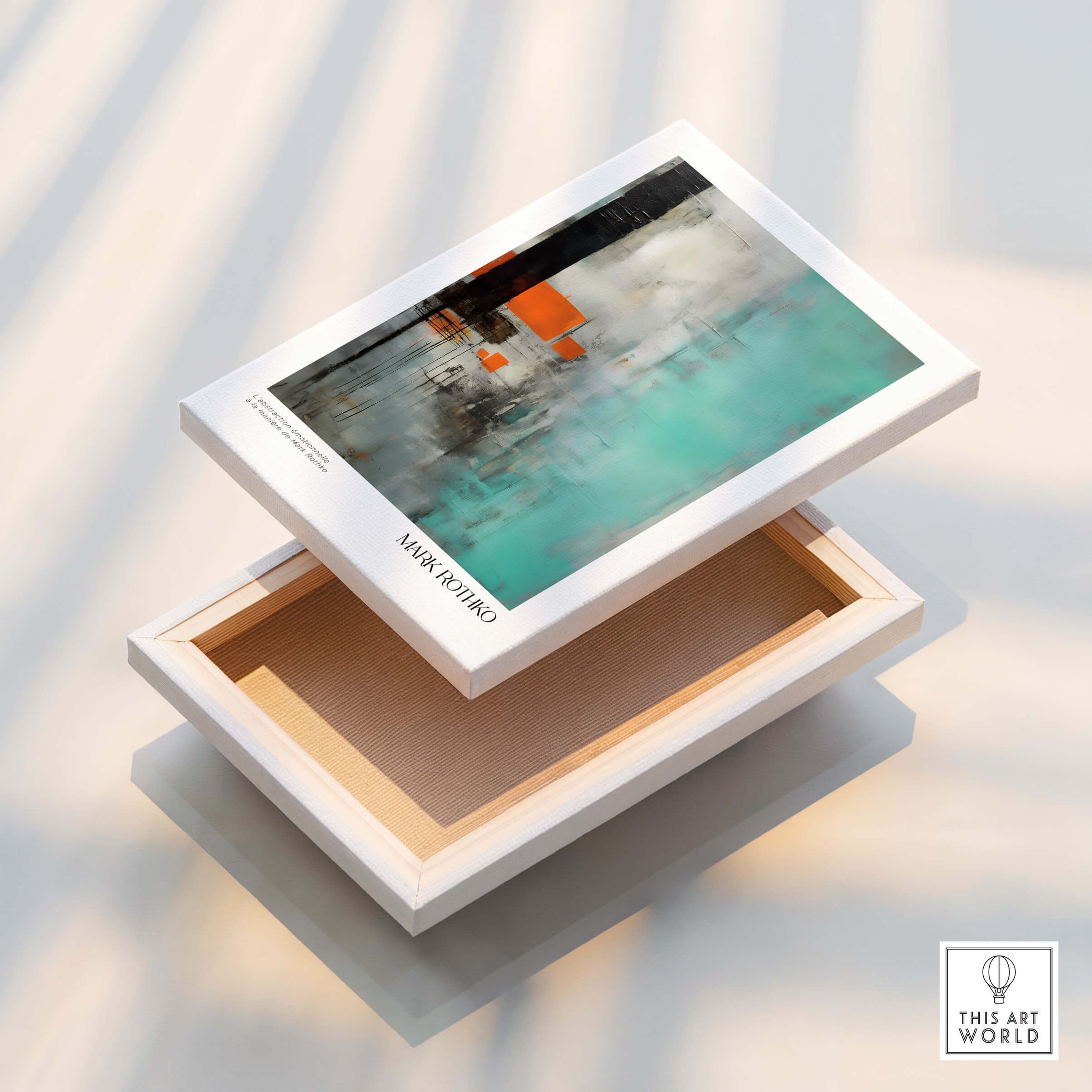 Rothko Inspired Abstract Mint and Orange Art Print | Expressionist Style Wall Decor displayed on a wooden box.