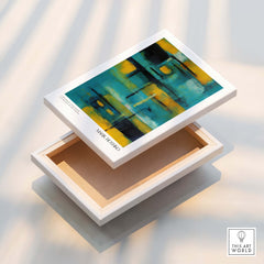 Rothko Inspired Abstract Yellow and Teal Art Print | Modern Poster displayed on a box.
