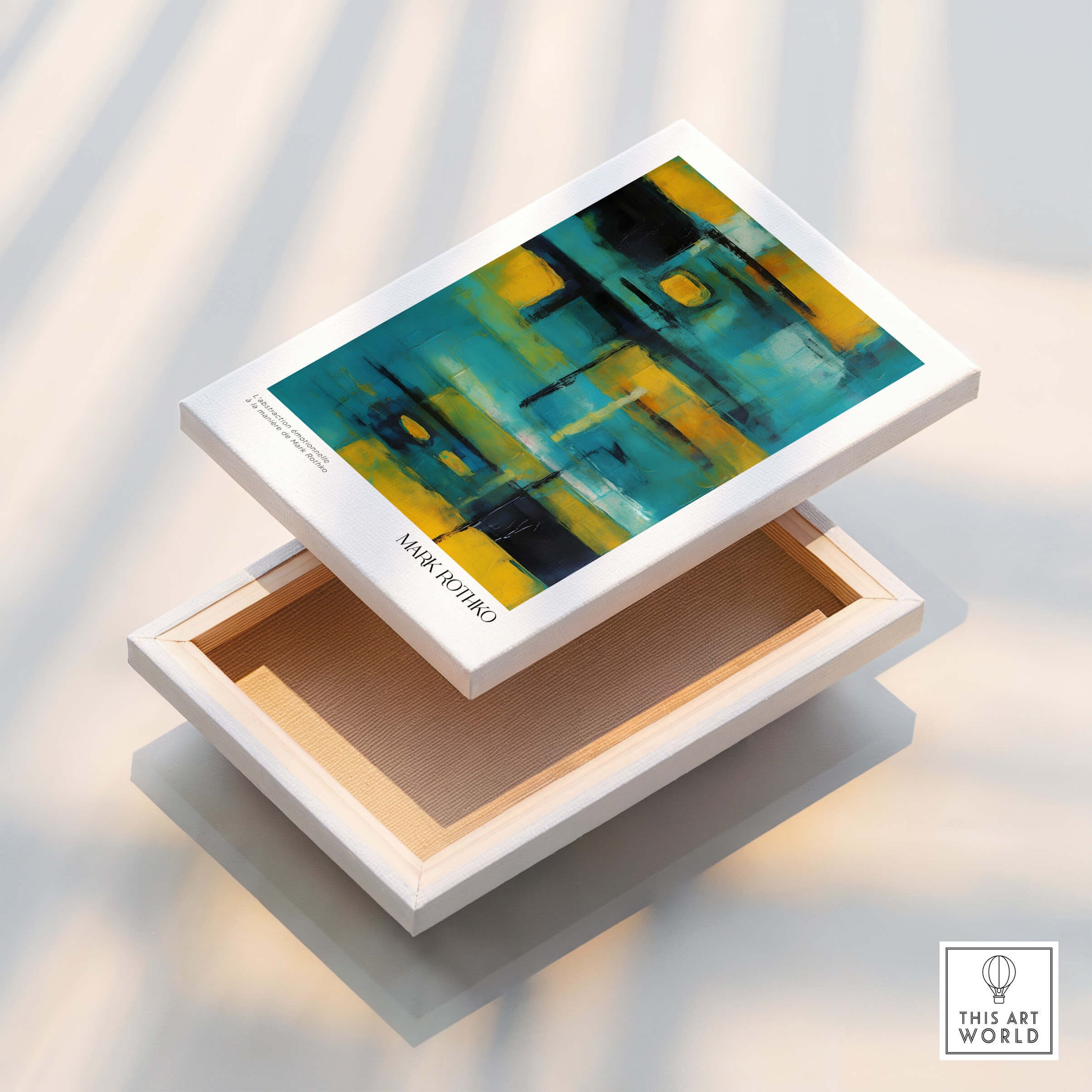 Rothko Inspired Abstract Yellow and Teal Art Print | Modern Poster displayed on a box.