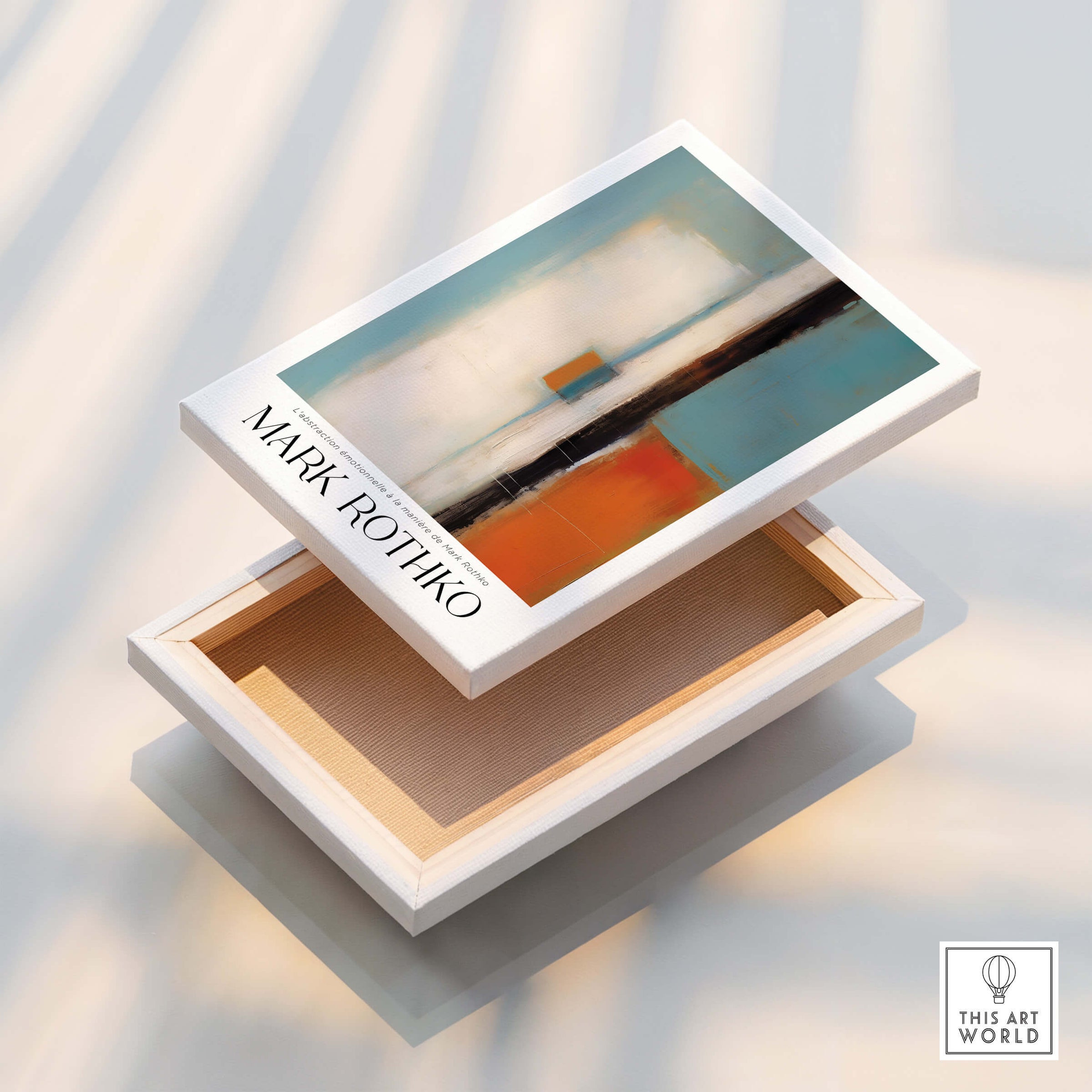 Rothko Inspired Abstract Teal and Orange Art Print | Minimalist Canvas Poster on display in a decorative box.