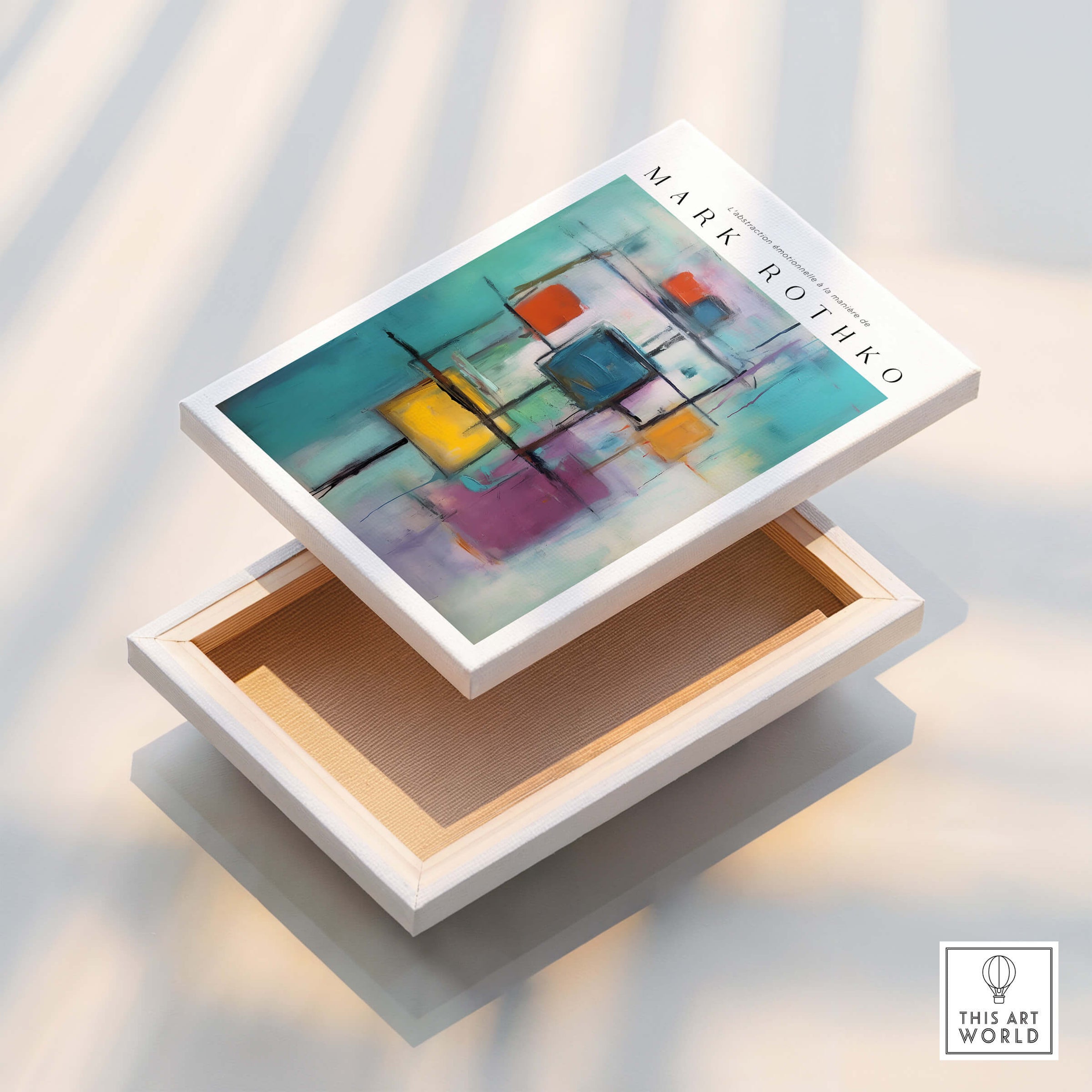 Rothko Style Floating Blocks Painting Print | Modern Abstract Canvas Wall Decor displayed on a box.