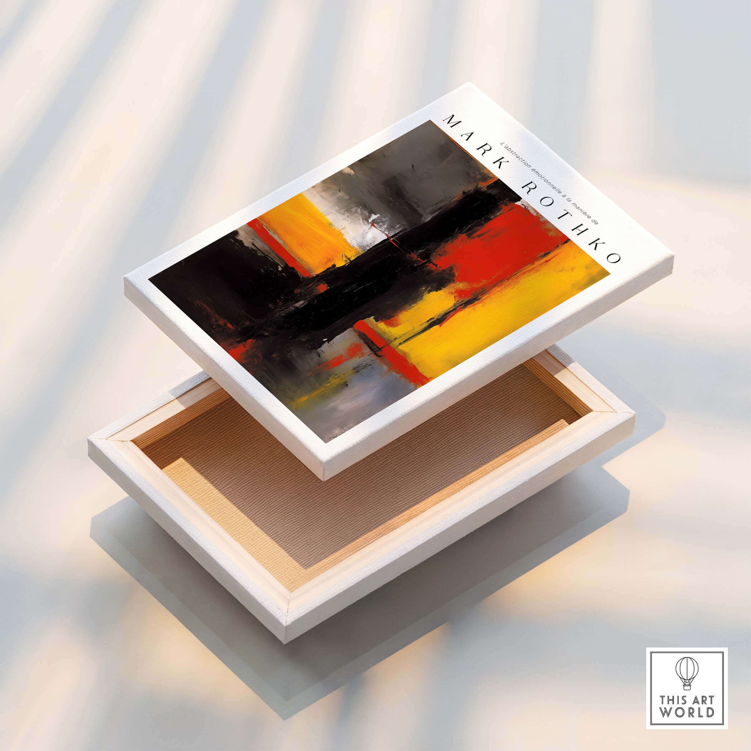 Mark Rothko Style Bold Black and Yellow Abstract Canvas Art Print displayed on an open box.