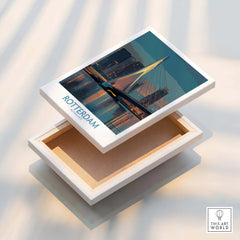 Stretched canvas print of Rotterdam skyline with Erasmus Bridge, modern wall art decor.