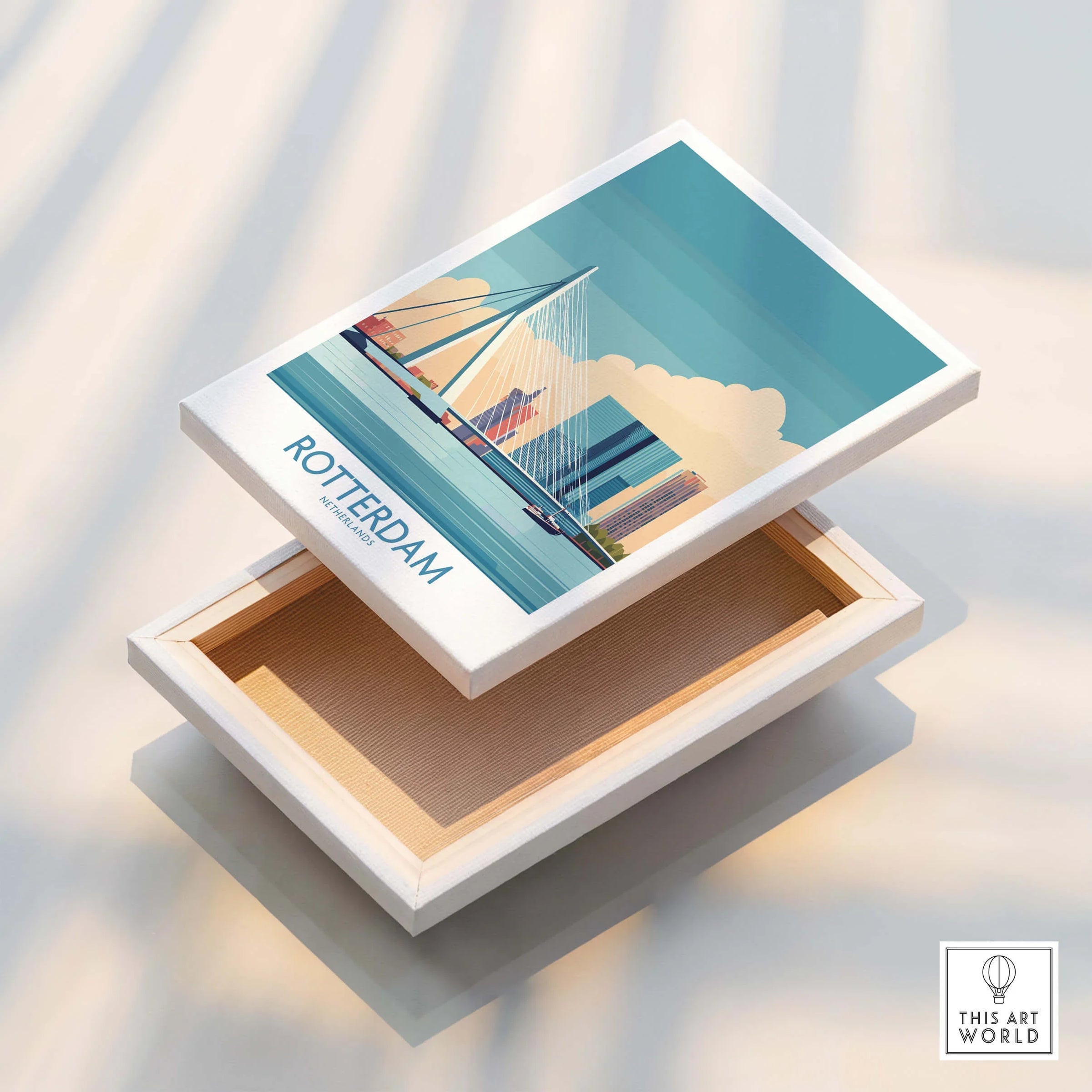 Rotterdam cityscape wall art print with cable bridge, modern skyline, and blue sky on canvas.