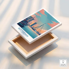 Rotterdam skyline travel poster on stretched canvas print with floating frame detail.