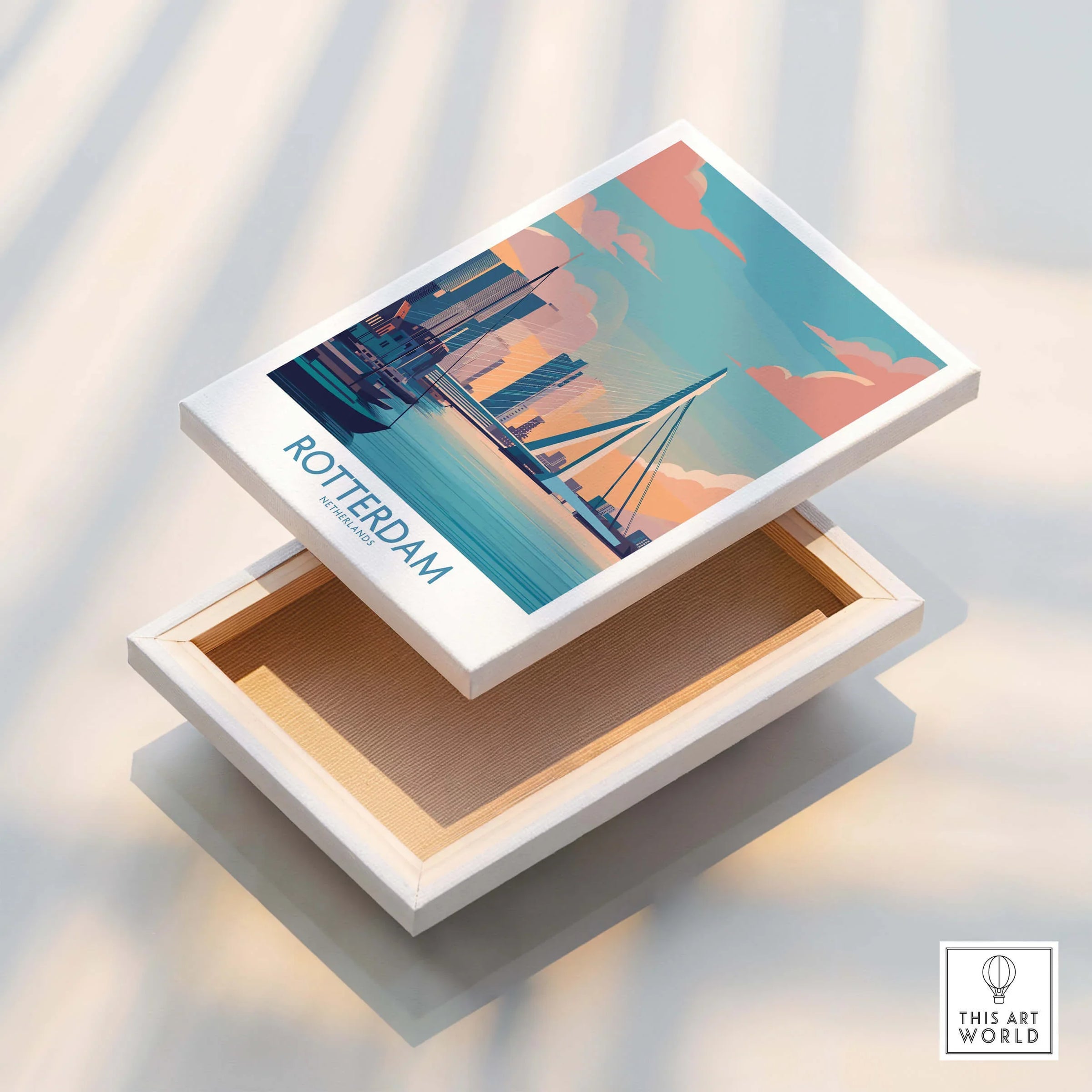 Rotterdam skyline travel poster on stretched canvas print with floating frame detail.