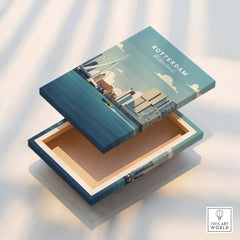 Rotterdam city skyline art printed on an open decorative wooden box lid