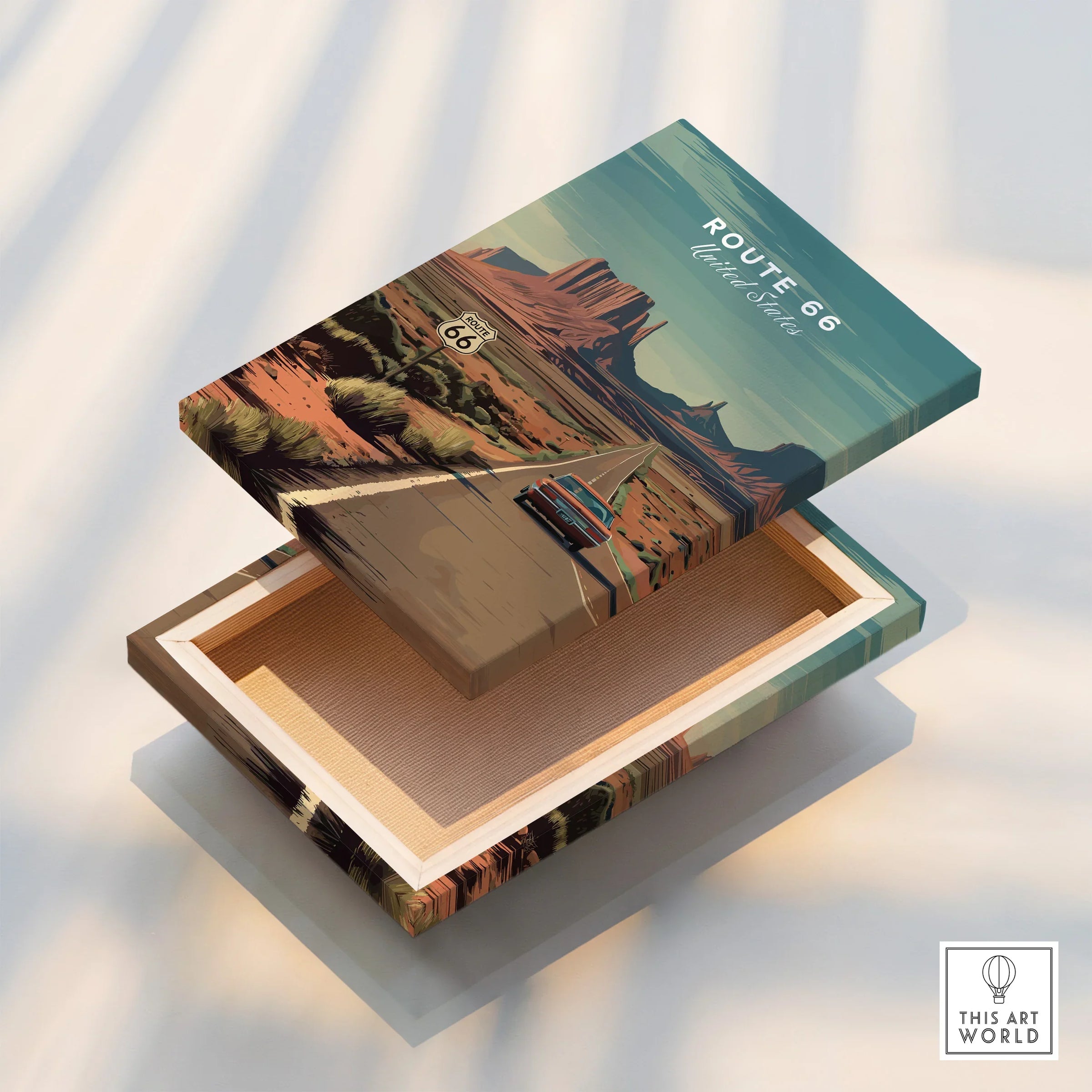 Route 66 canvas print with vintage car, desert landscape, and open road artwork detail.