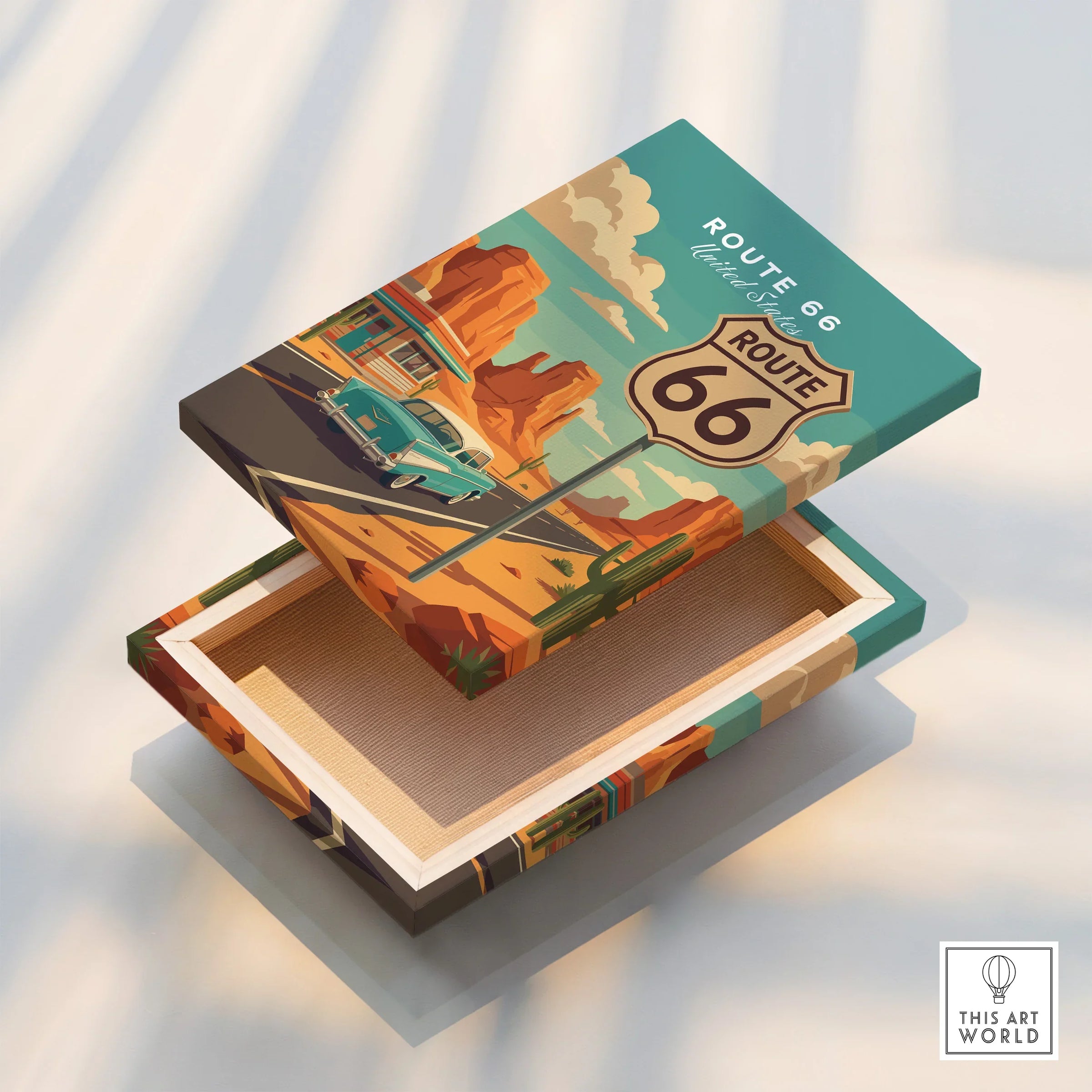 Route 66 travel art print on box lid with vintage car, desert, and mountains illustration.