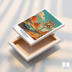 Route 66 stretched canvas print featuring vintage car, desert landscape, and highway sign