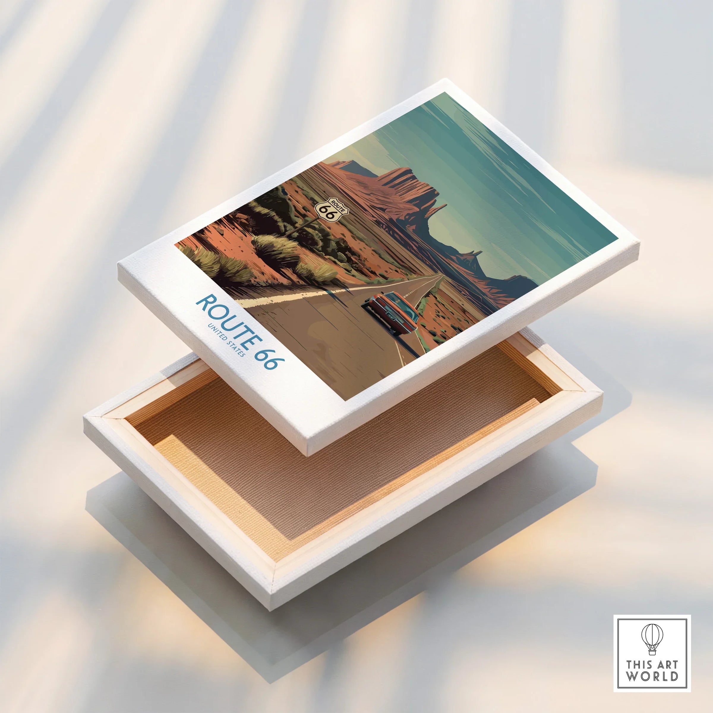 Route 66 travel poster canvas print featuring classic car and desert landscape wall art