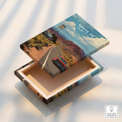 Route 66 travel art decorative box with vintage car and desert landscape design