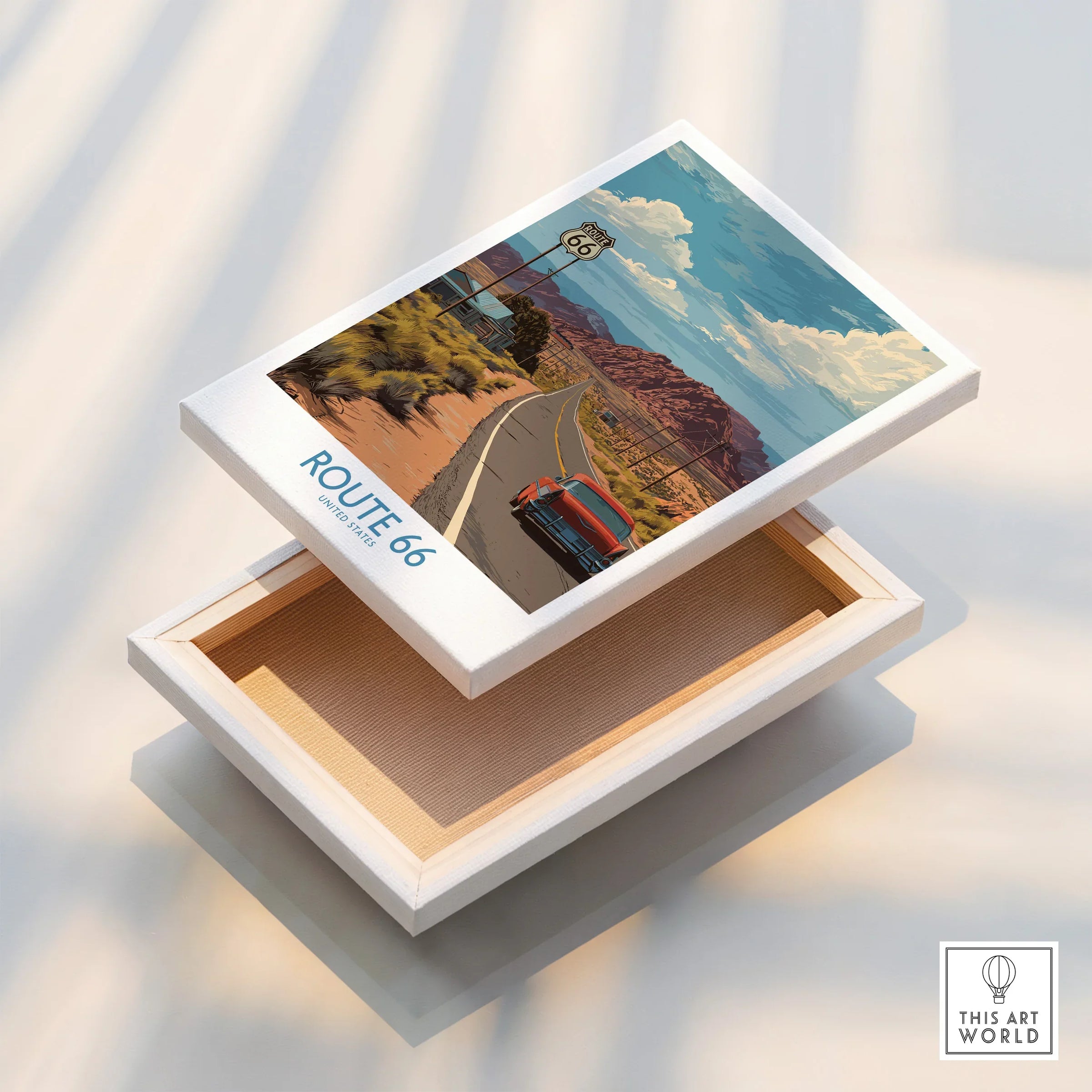 Route 66 canvas print with vintage car and desert landscape, wall art decor