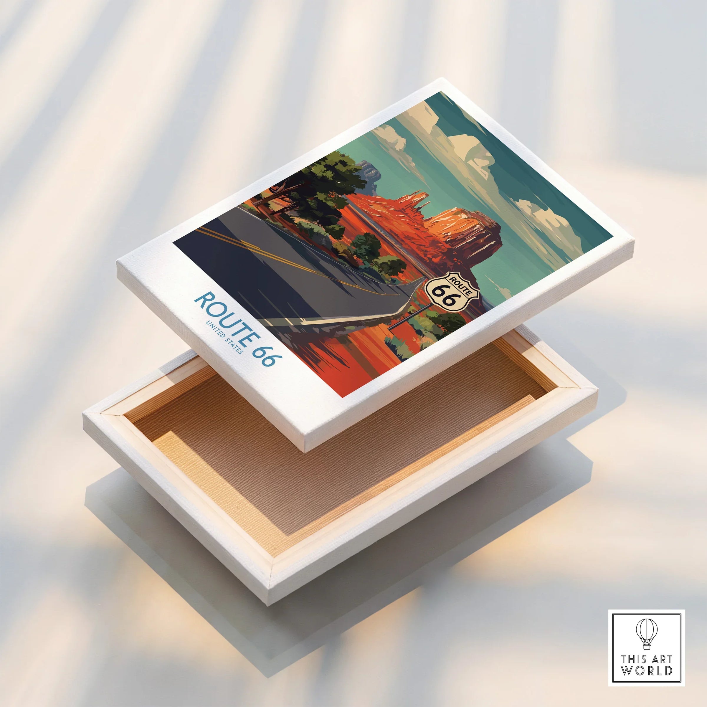 Route 66 canvas wall art print with desert landscape and floating frame detail.