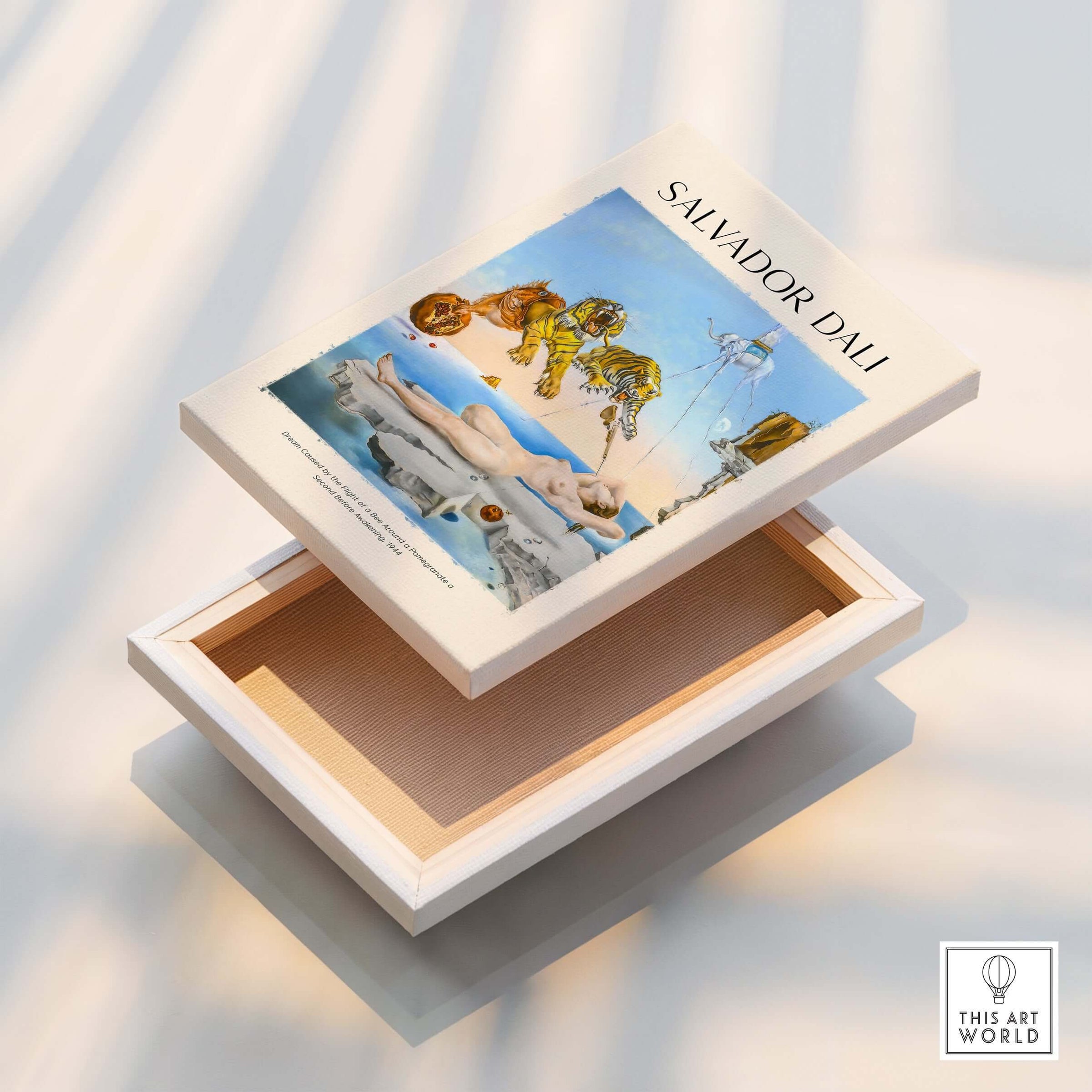 Salvador Dali Dream Caused by the Flight of a Bee Pomegranate Surrealism Art Print Poster Tigers displayed on a box.