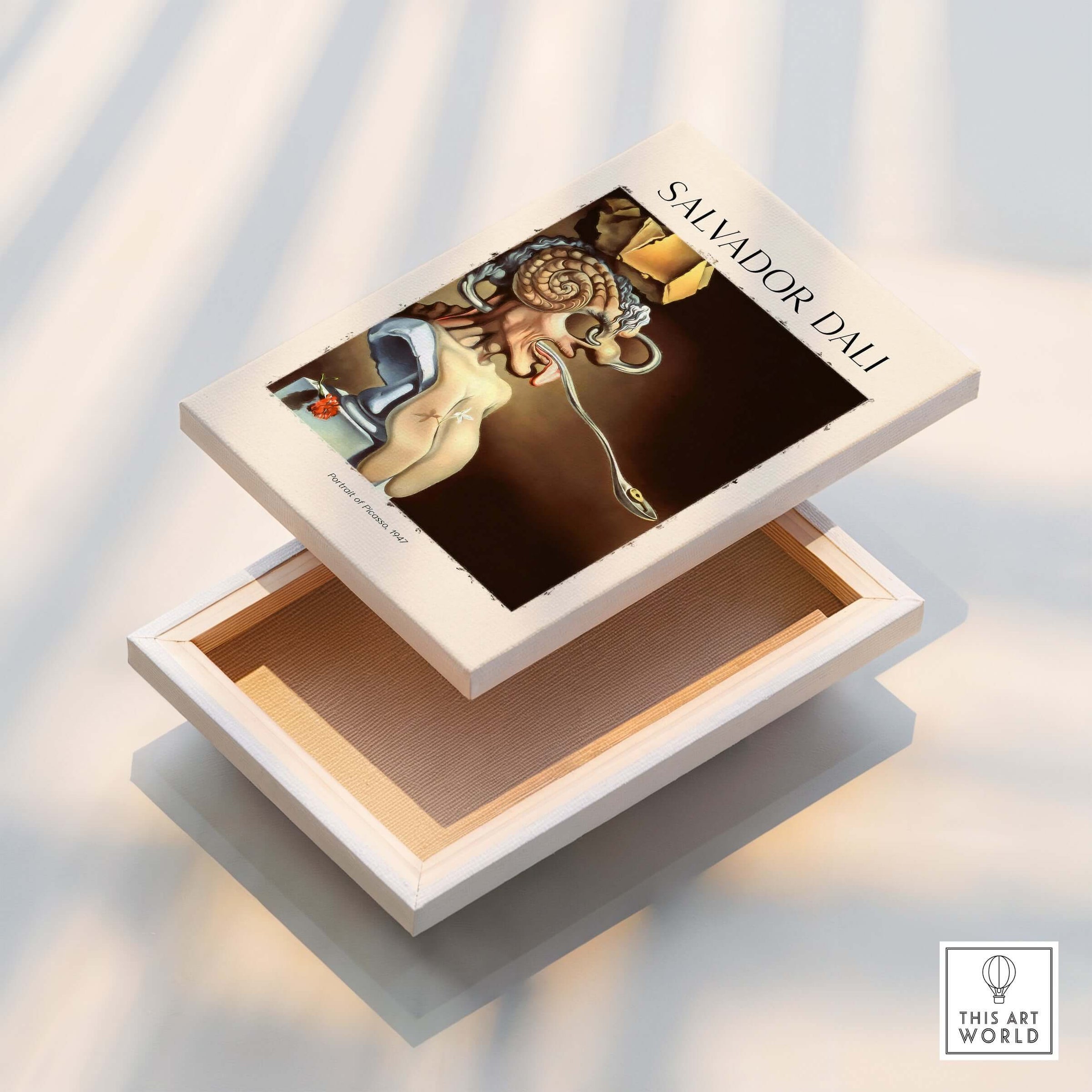 Salvador Dali Portrait of Picasso 1947 Surrealist Art Print Grotesque Poster on a decorative box.