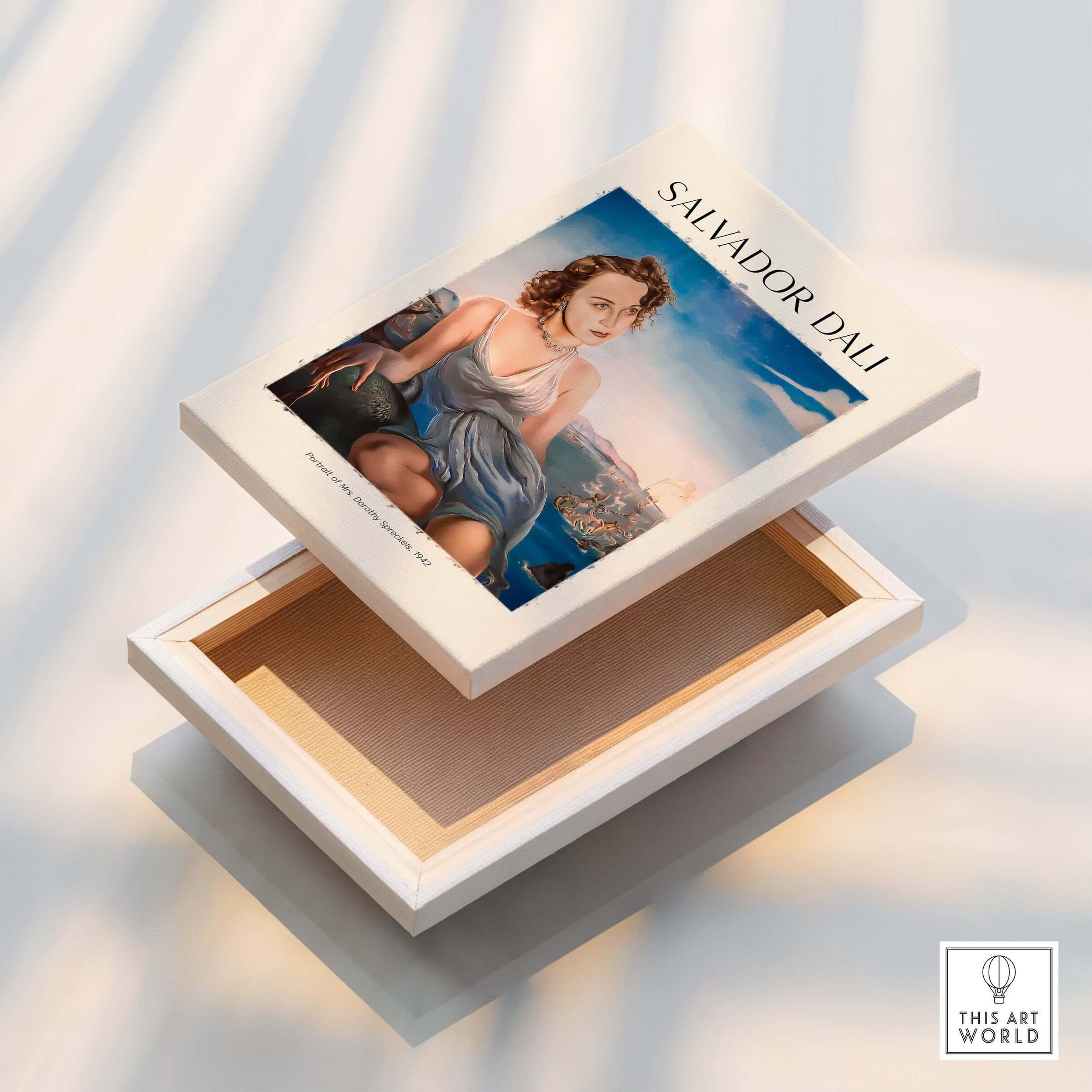 Salvador Dali Portrait Mrs Dorothy Spreckels 1942 Surrealist Seascape Art Print Poster displayed on a floating art box.