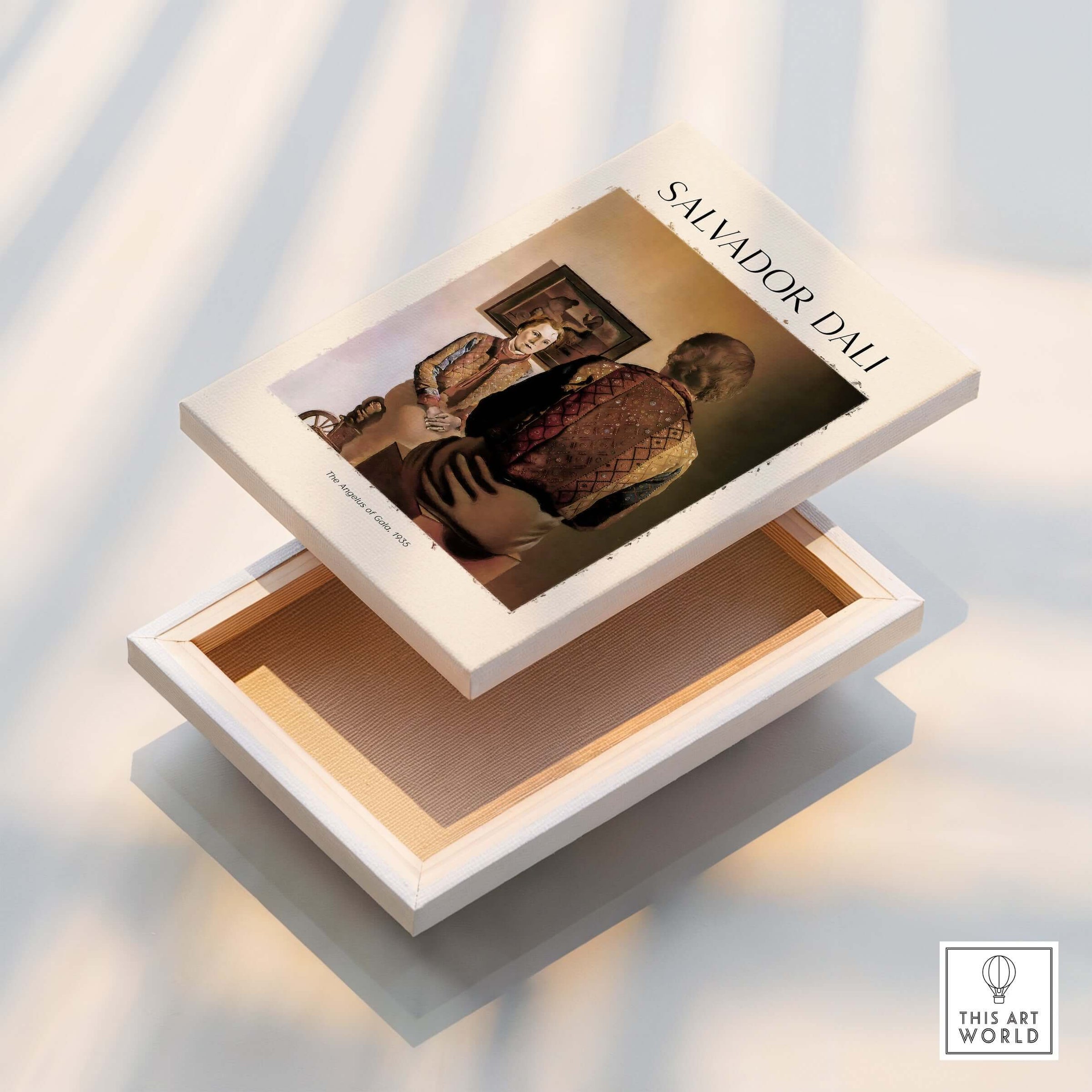 Salvador Dali The Angelus of Gala 1935 Surrealism Double Image Art Print Poster displayed in a wooden box.