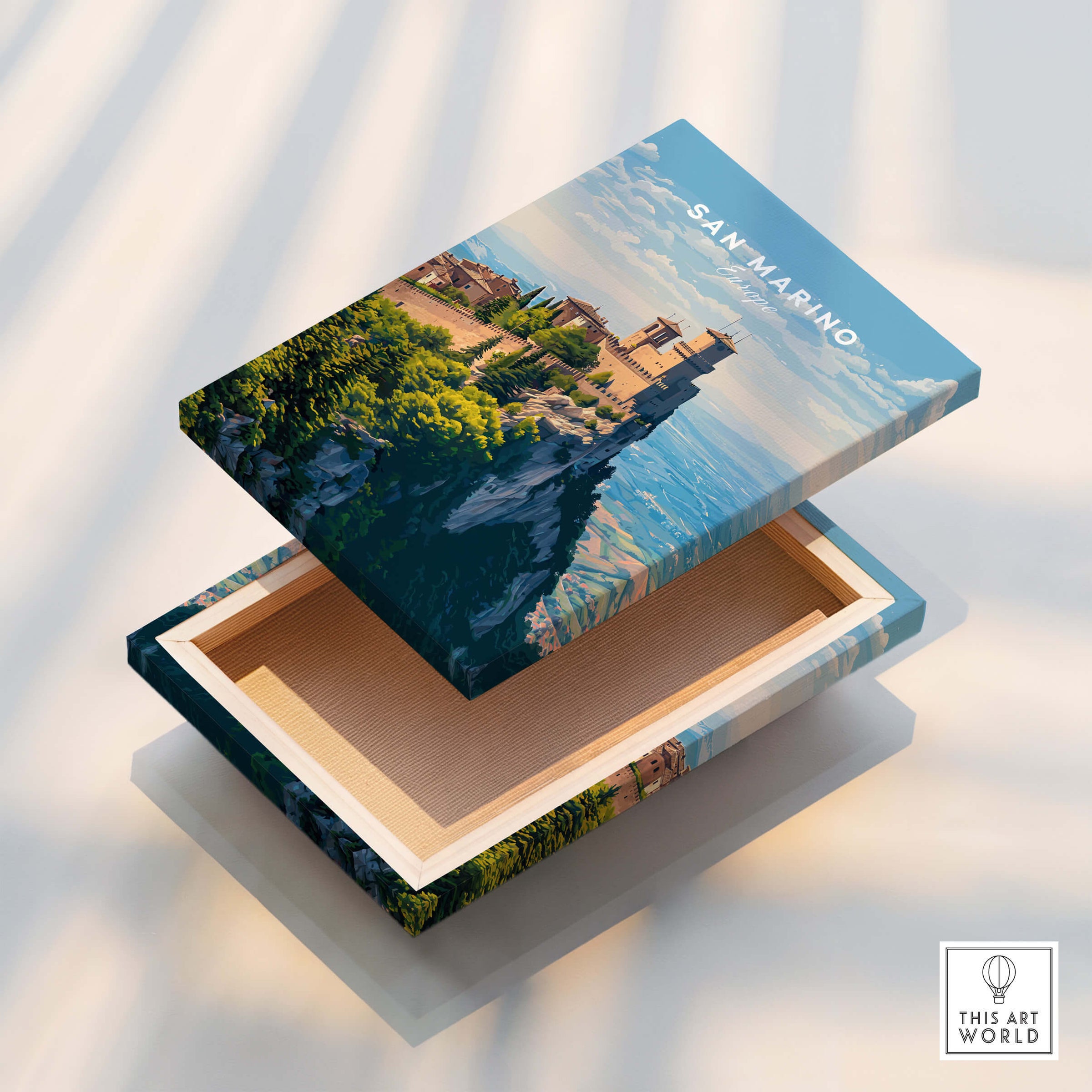 San Marino Wall Art Print | Mount Titano Citadel Travel Poster decorative box with a scenic design of the citadel.