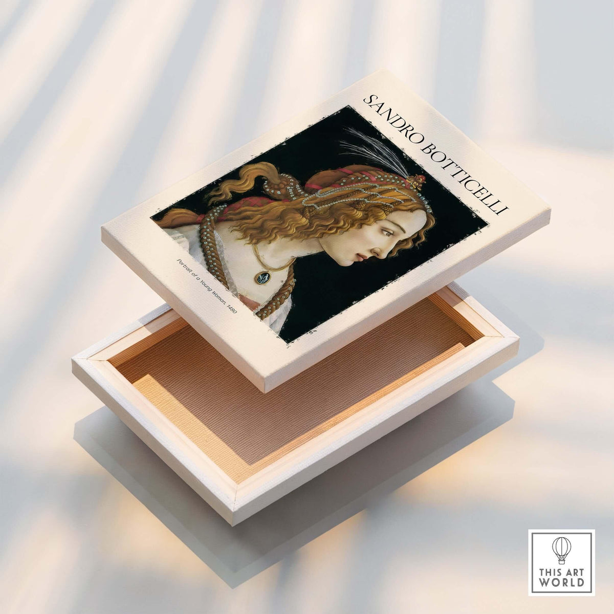 Botticelli Portrait of a Young Woman Simonetta Vespucci Art Print Renaissance Poster displayed on a box.