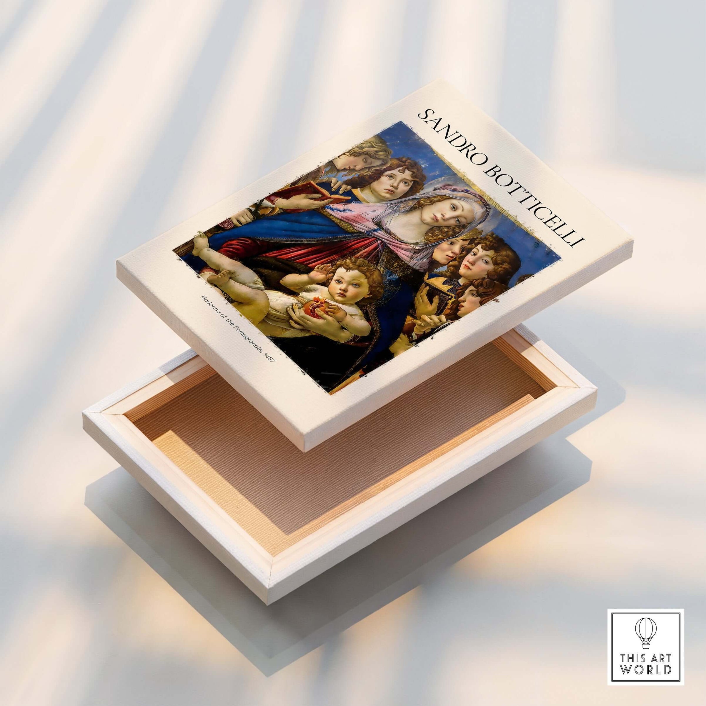 Botticelli Madonna of the Pomegranate Art Print Religious Virgin Mary Child Poster Angels in a decorative box.