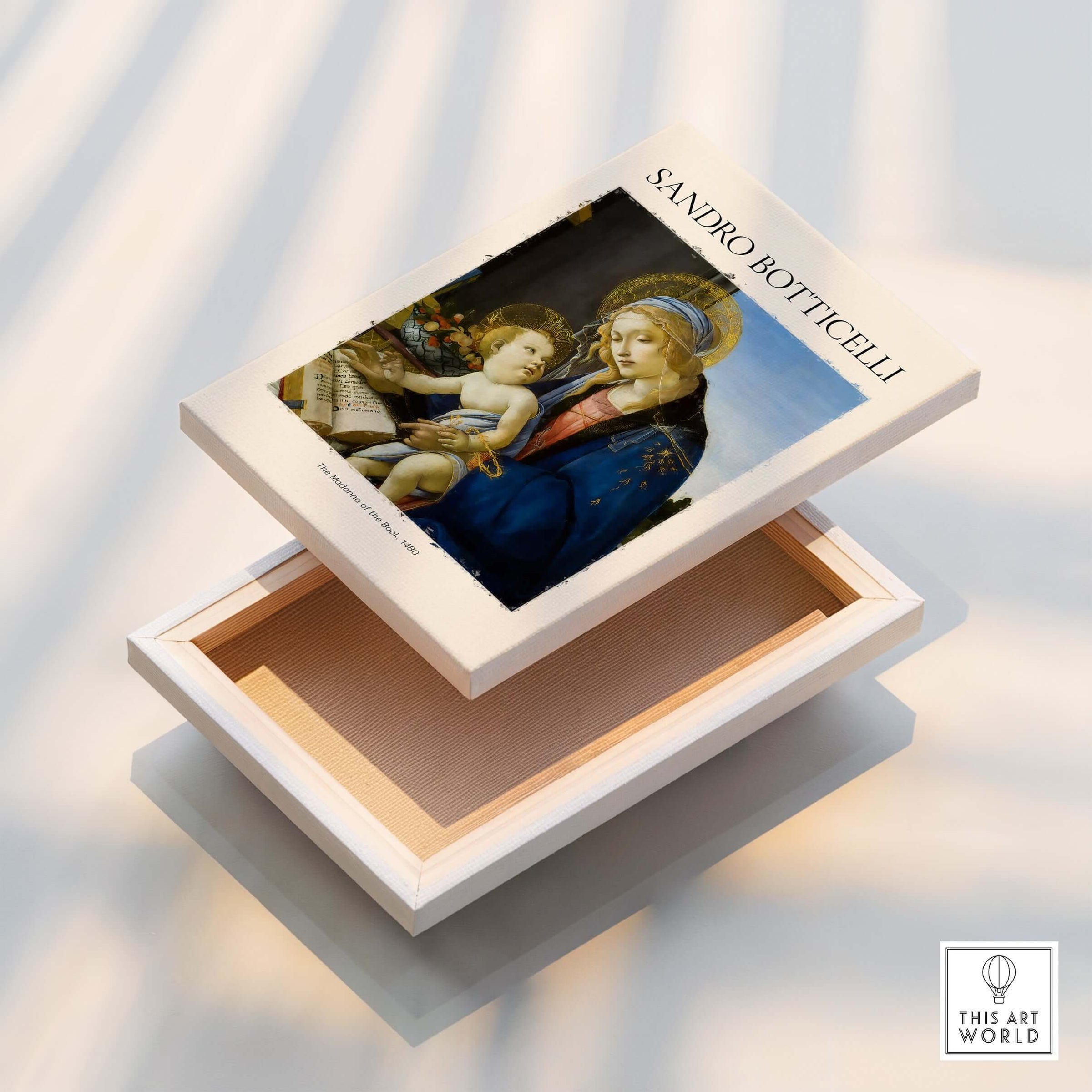 Botticelli Madonna of the Book Art Print Virgin Mary Child Religious Poster Wall Art displayed on a white box.