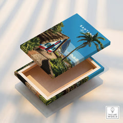 Santana Madeira art print on floating canvas, featuring palm trees and thatched cottage illustration
