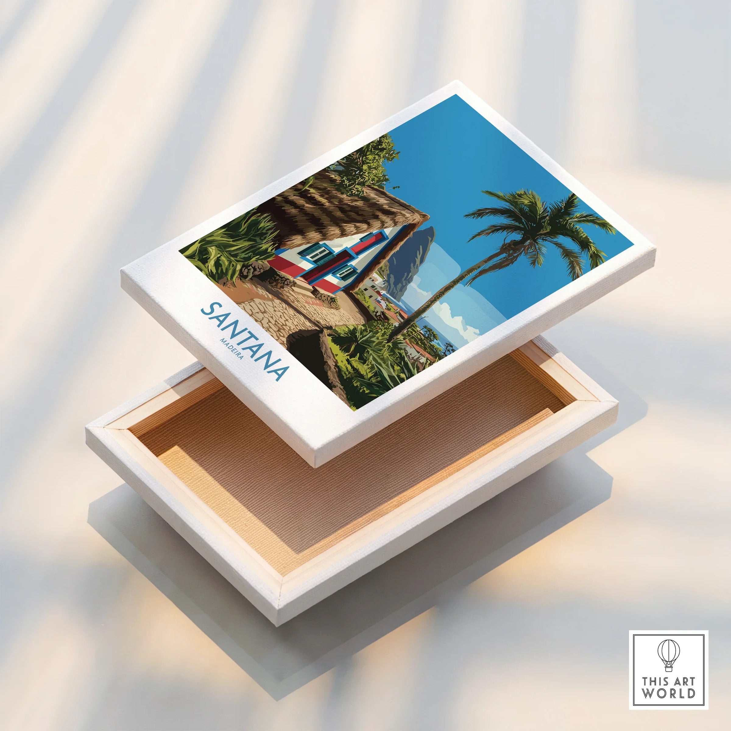 Santana Madeira travel poster stretched canvas print with palm trees and cottage