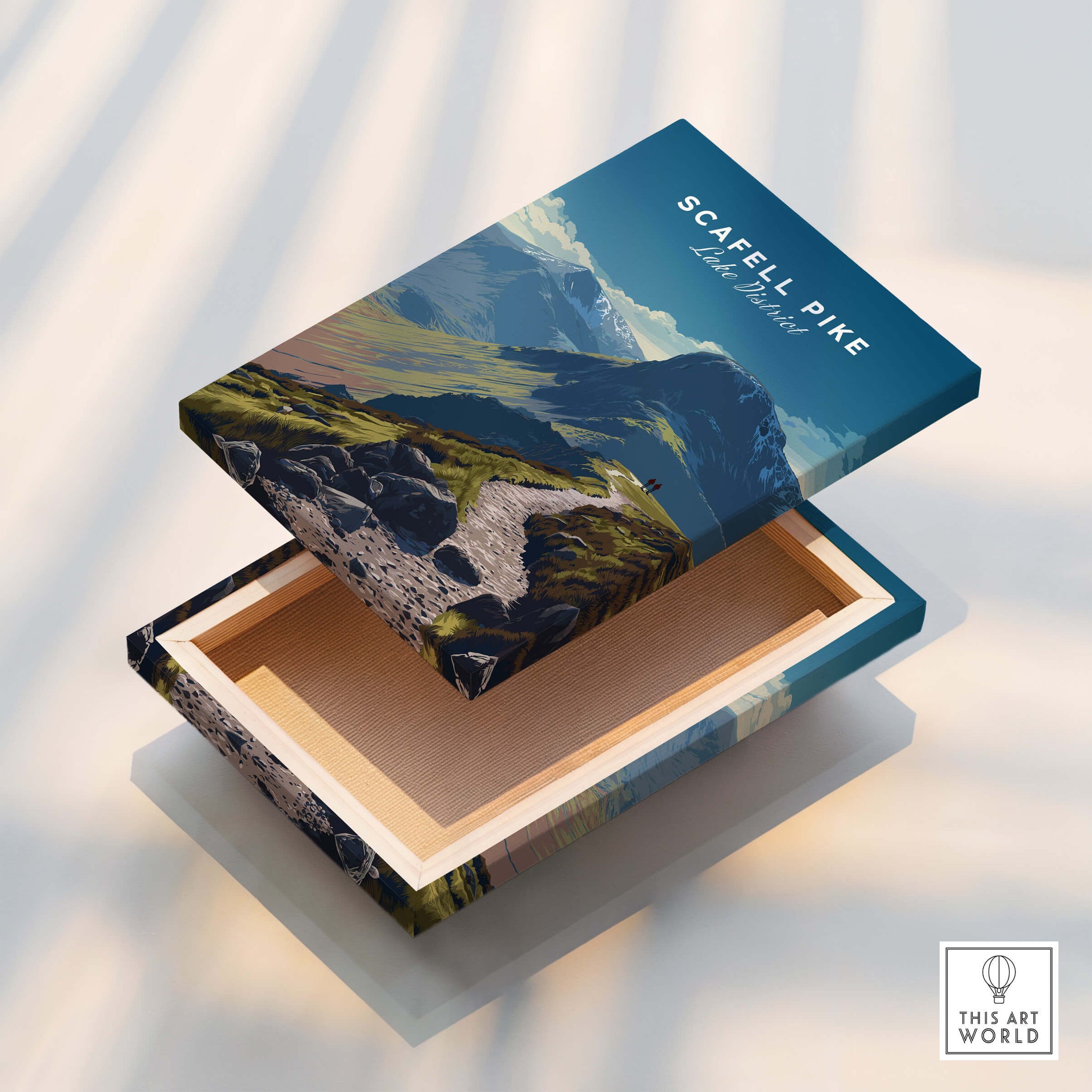 Scafell Pike Lake District Wall Art Print | English Mountain Peak Travel Poster on a decorative box.