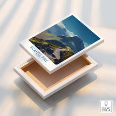 Scafell Pike Lake District Poster | Hiking Trail Landscape Canvas Print displayed on a wooden box.