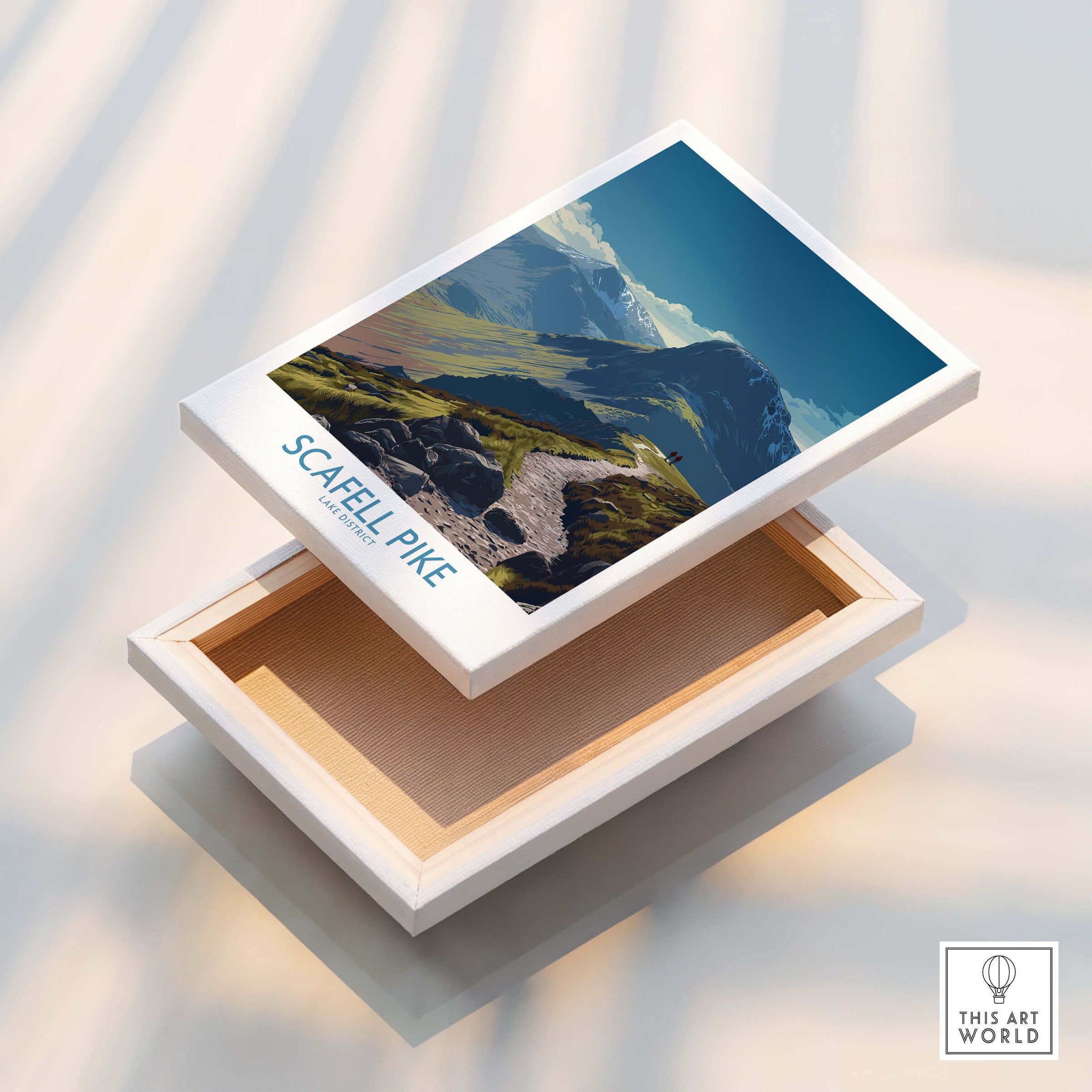 Scafell Pike Lake District Poster | Hiking Trail Landscape Canvas Print displayed on a wooden box.