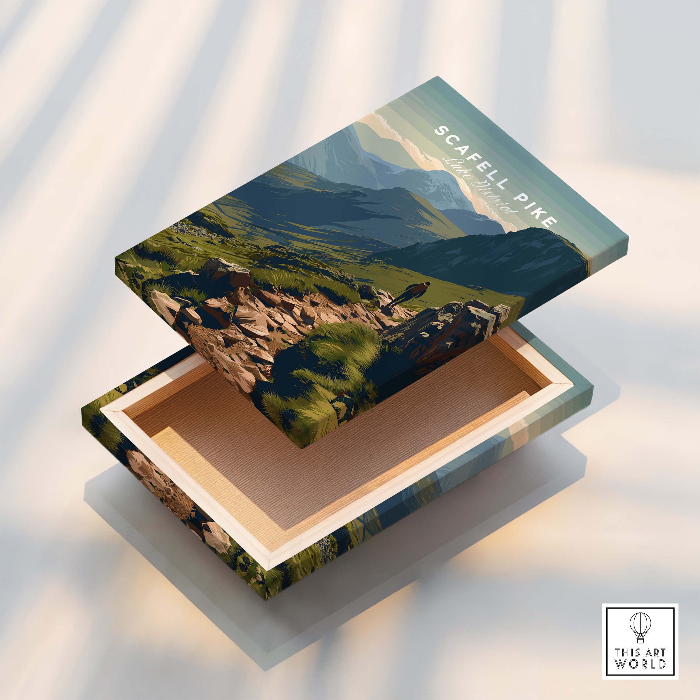 Scafell Pike Lake District Travel Poster | Mountain Valley View Wall Art Print display box with scenic landscape design.