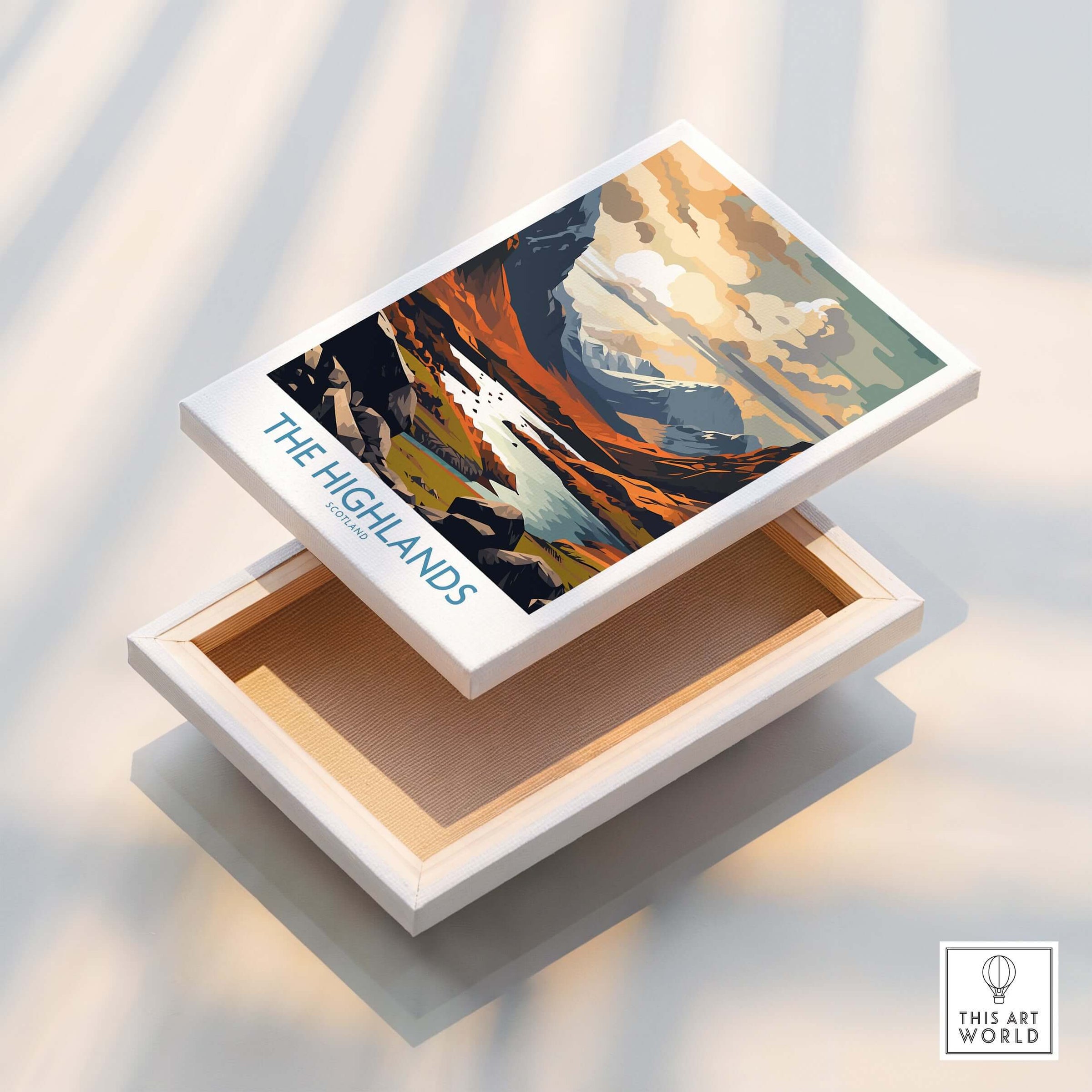 The Highlands Wall Art | Modern Style featuring a picturesque landscape of Scotland's Highlands in vibrant colors.