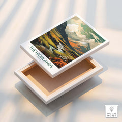 Scottish Highlands Art Print | Modern Style artwork displayed on a wooden box, showcasing vibrant landscapes of the Highlands.