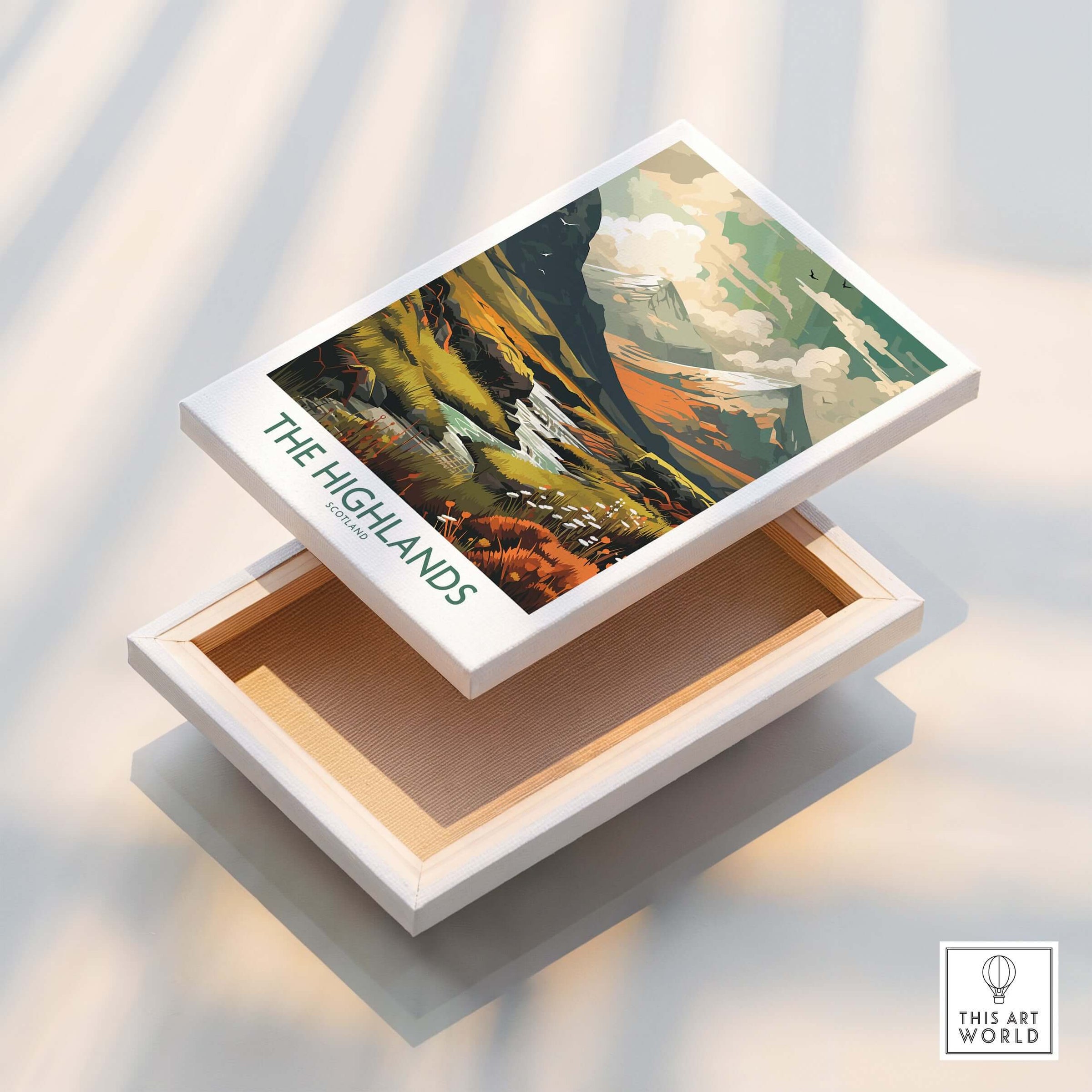 Scottish Highlands Art Print | Modern Style artwork displayed on a wooden box, showcasing vibrant landscapes of the Highlands.