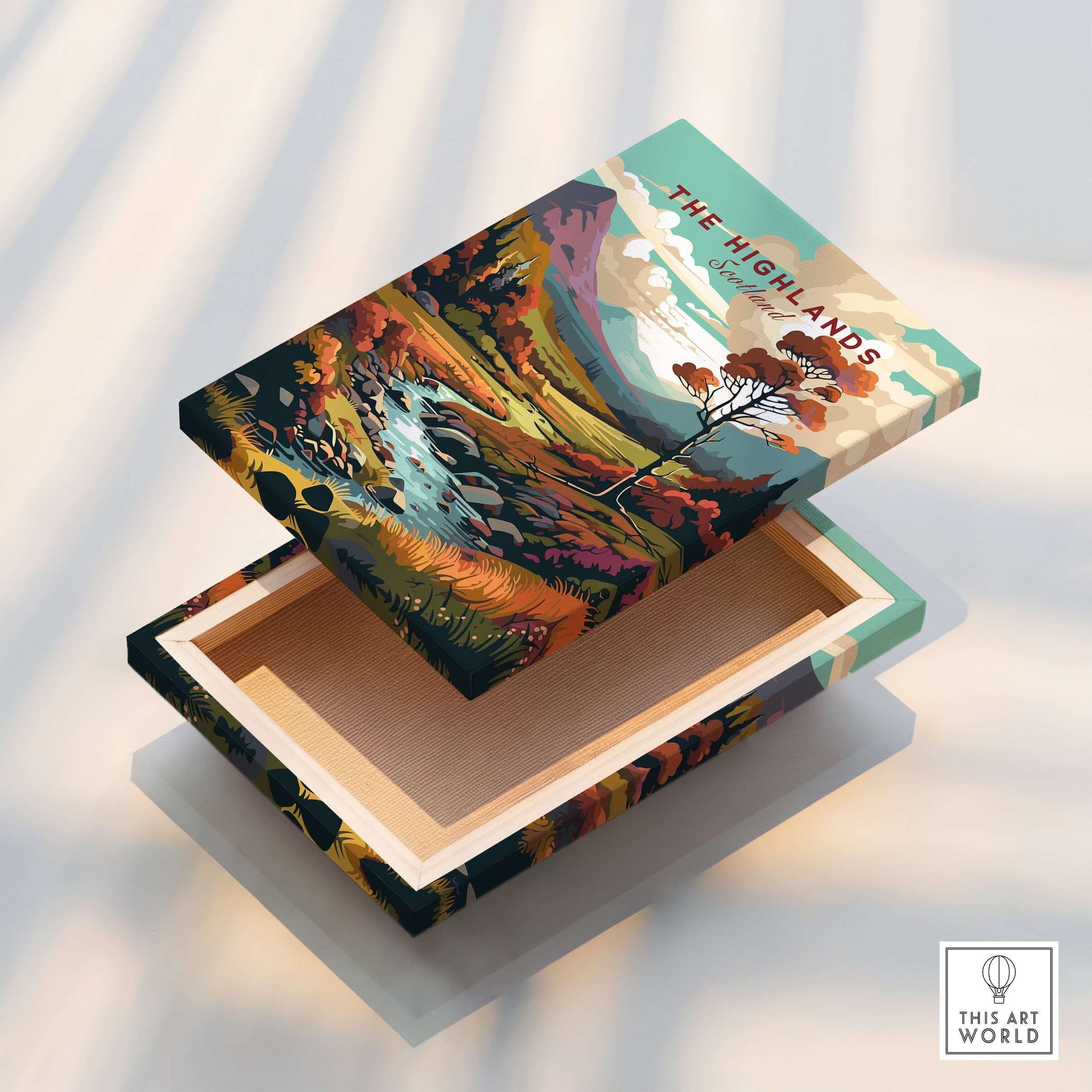 Scottish Highlands Wall Art decorative box showcasing vibrant Scottish scenery and intricate details.