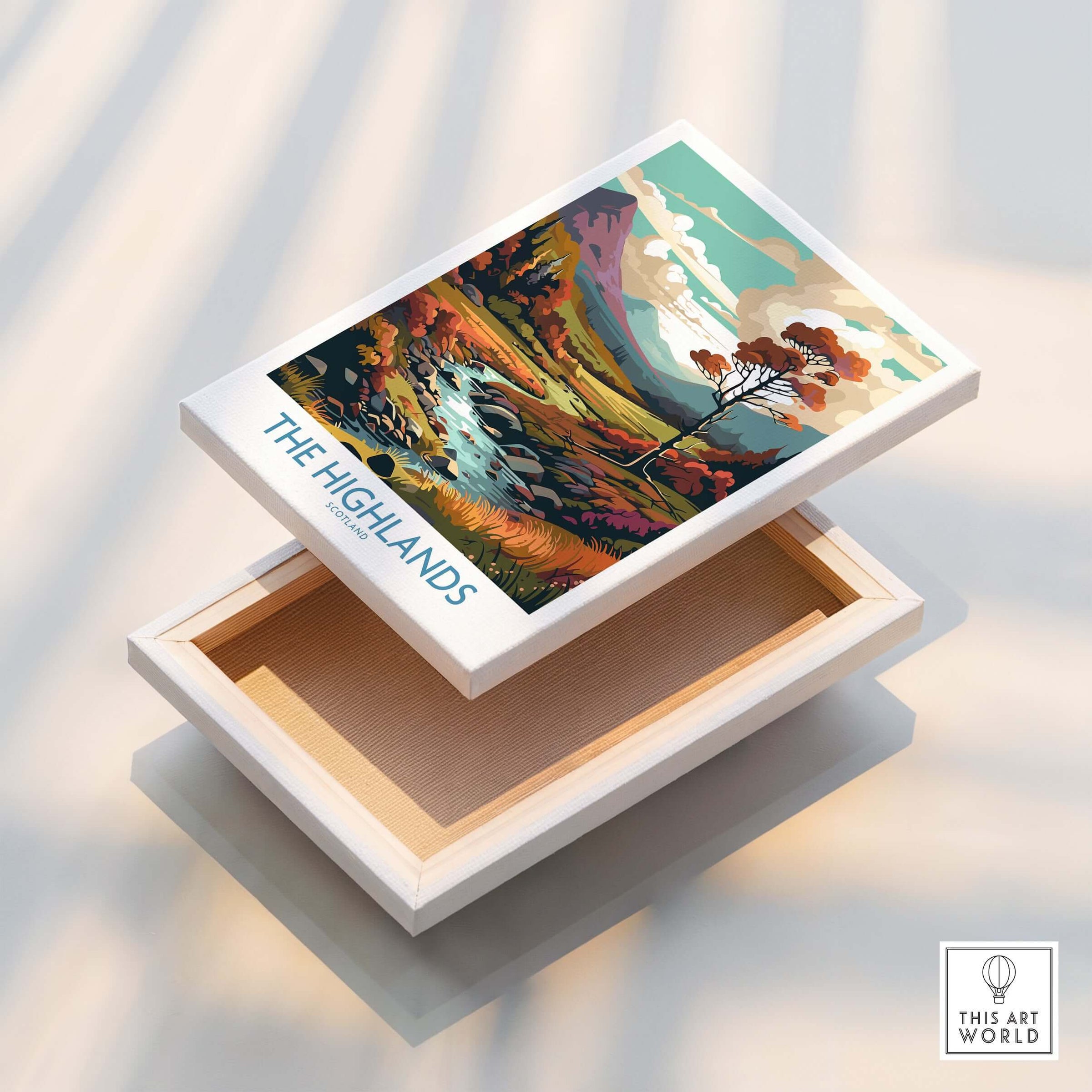 The Highlands Scotland Art Print displayed on a wooden box showcasing vibrant Scottish landscapes.