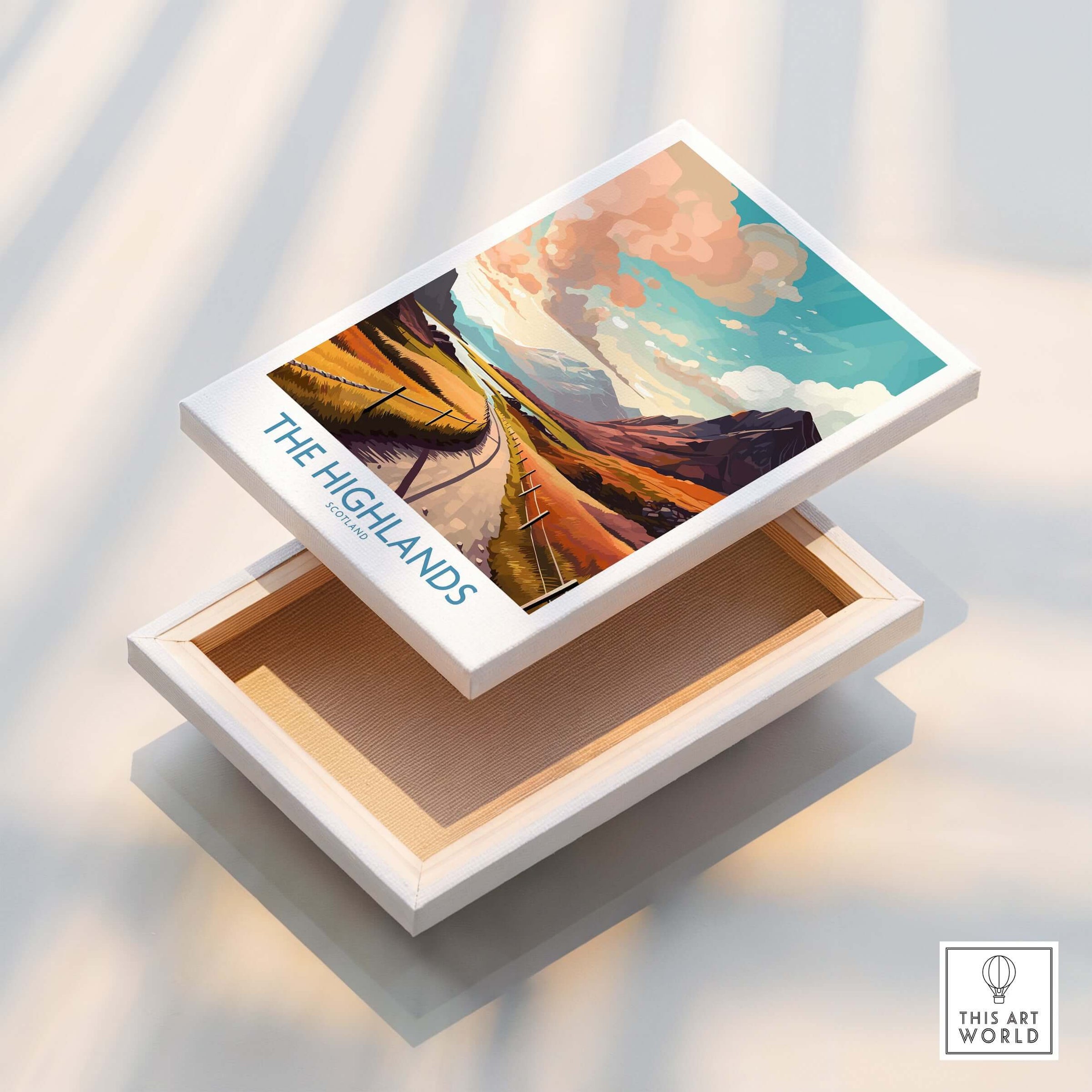 The Highlands Scotland Wall Art presented in a modern box, showcasing vibrant colors and stunning highland scenery.