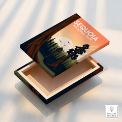 Sequoia National Park art print on floating stretched canvas with sunset forest design.