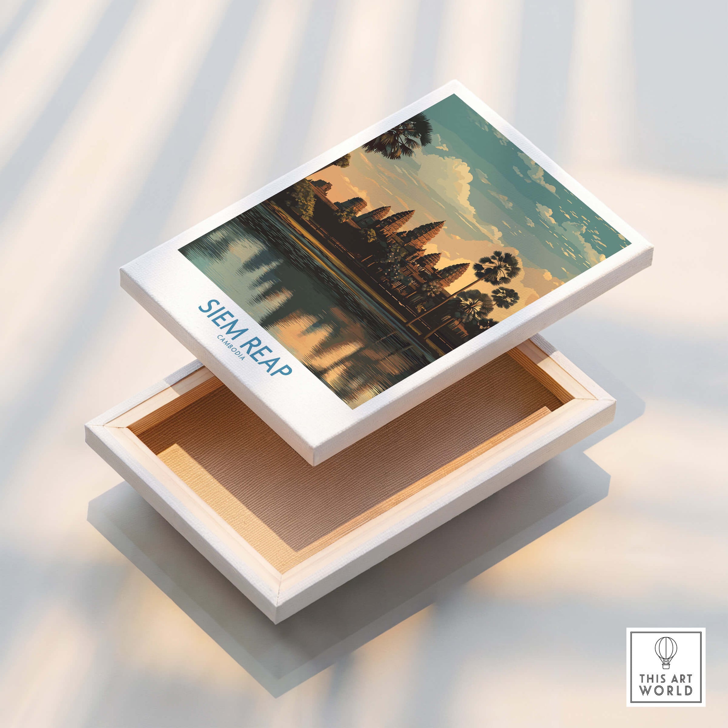 Siem Reap Canvas Print | Cambodia Khmer Poster featuring a stunning landscape of ancient temples near a reflective lake.